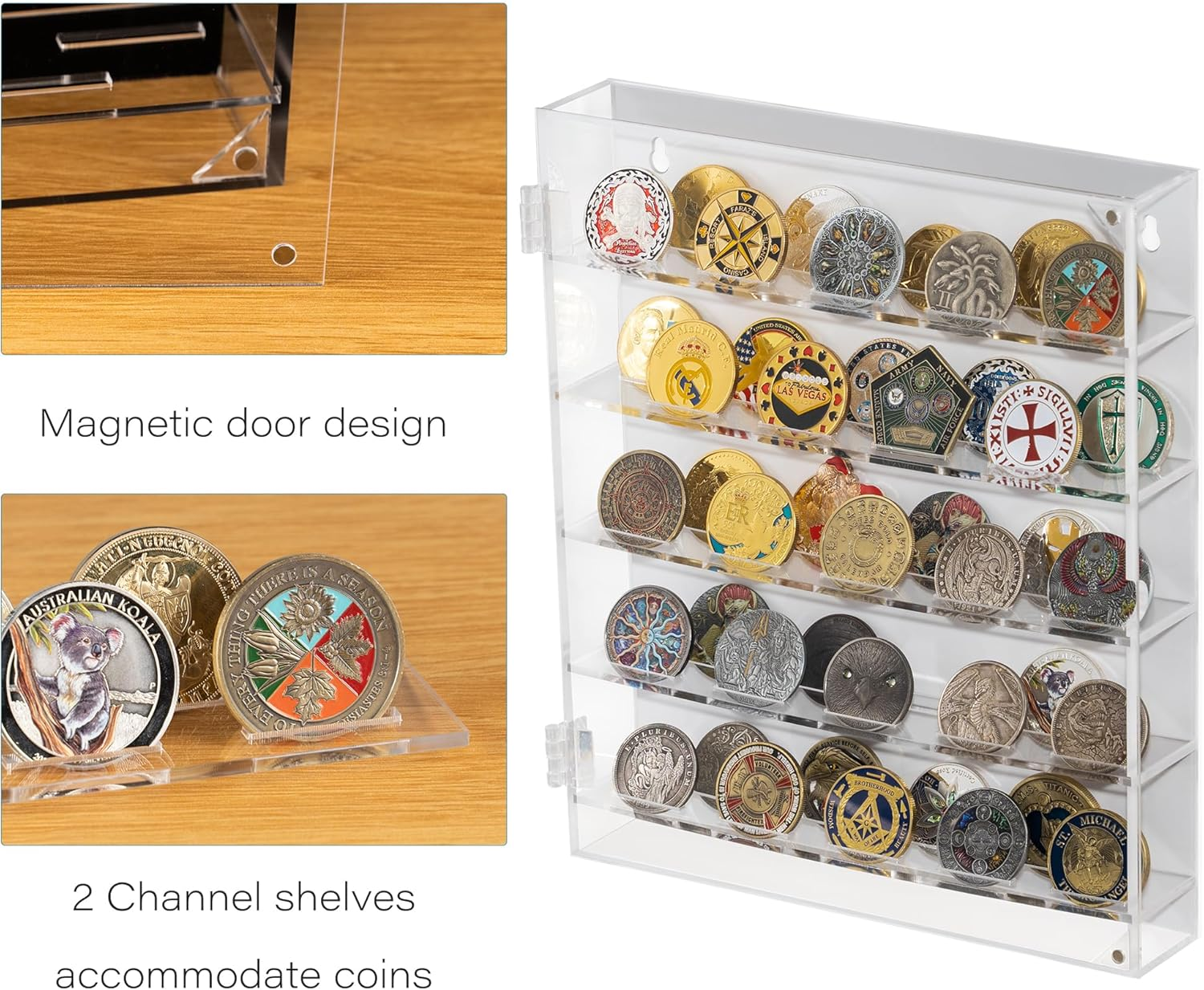 Coin Holder, Challenge Coin Display Box with Removable Shelves and Magnetic Door, Acrylic Challenge Coin Holder, Clear Coin Case Coin Box Fits 45 Military Medals Poker Chip Pins Badges (White) image number 1