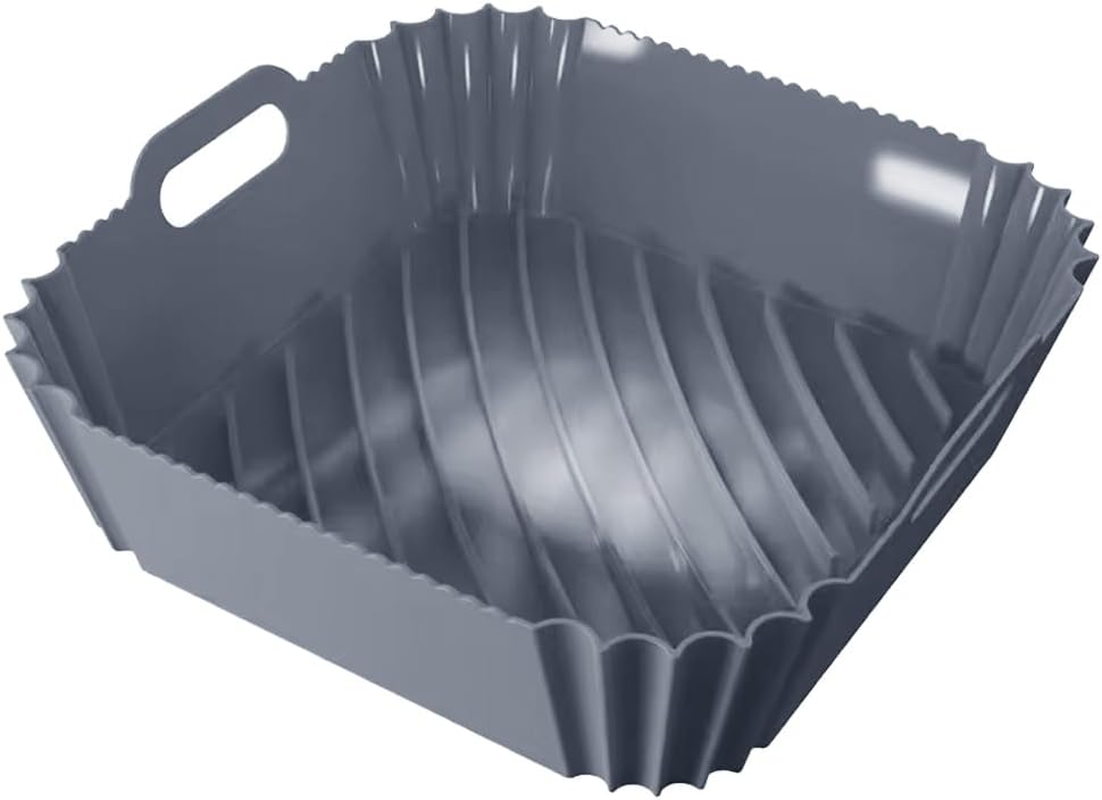 AIMALL Silicone Air Fryer Pot - Non-Stick Reusable Basket Liner, Baking Tray with Strong Handles, Grey & Black