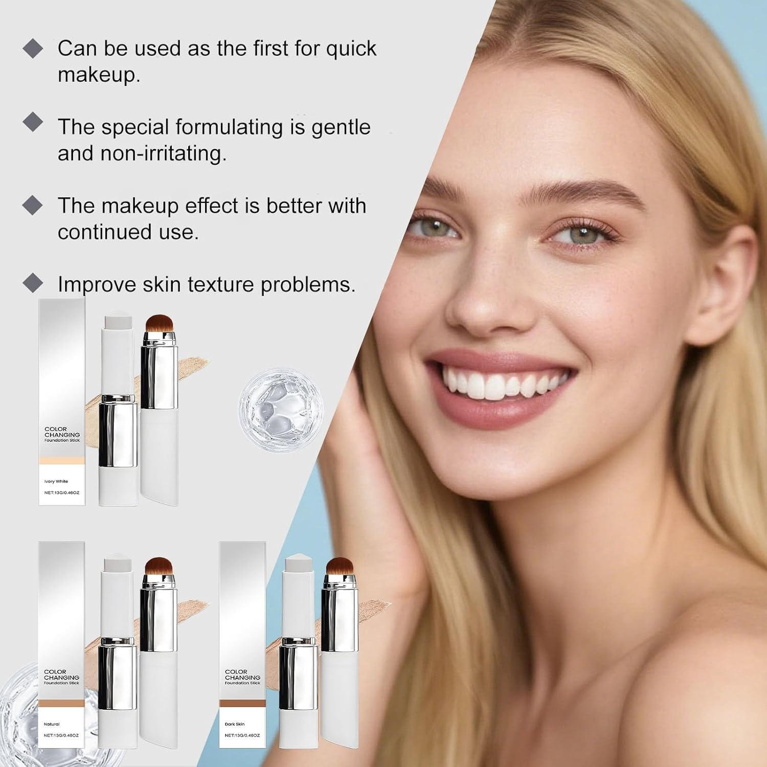 Color Changing Foundation Stick, 2-In-1 Foundation Stick, Hydrating Concealer, Brightening & Even Skin Tone, Waterproof & Sweatproof, Full to Medium Coverage Makeup, Lightweight, with Brush (Natural) - Dark image number 2