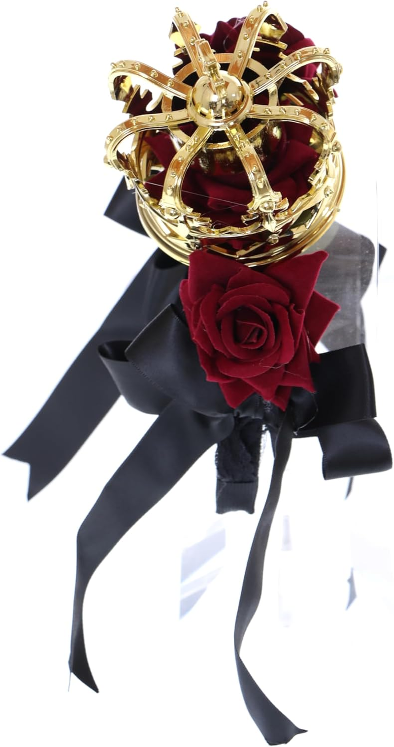 C-104-2 Gold Crown with Roses Red Lace Bow Ruffle Gothic Lolita Headband Party Celebration Hair Accessories Head Accessory image number 5