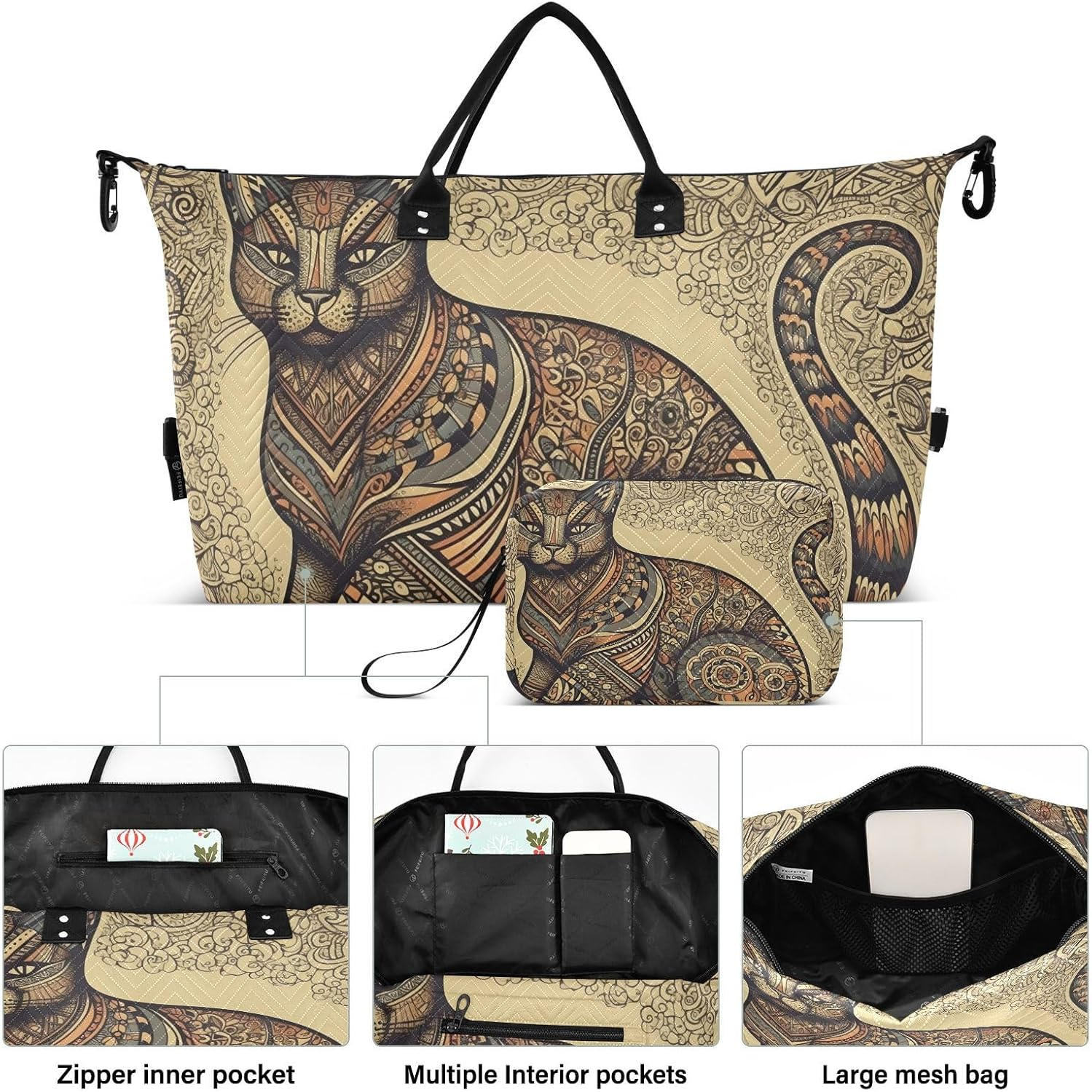 WOIWB Duffel Bag Set with Toiletry Bag for Travel Gym Sport, Luggage Sleeve Weekender Bag Carry on Overnight Bag-Tribal Pattern Cat Print, Multicolor, 20.5 X 7.9 X 13.8 Inches+9.1 X 3.5 X 5.9 Inches image number 2
