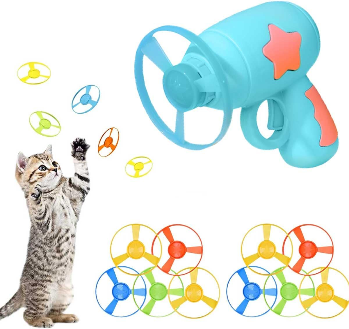 Bull Tiger Prestige Cat Fetch Toy, Cat Toy Sets 1 Blue Launcher and 10 Colourful Flying Chasing Saucer Propellers for Interactive, Training, Hunting, Hitting image number 5