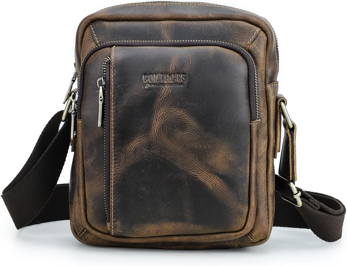 Contacts Crazy Horse Leather Small Messenger Bag for Men 7.6"X8.6" Crossbody Shoulder Bag Travel Ipad Sling Purse Brown Side Bag, Dark Brown image number 2