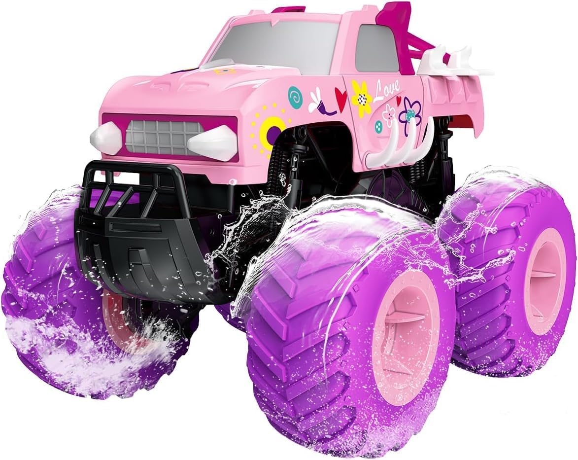 Threeking 1:16 Waterproof Monster Truck Pickup Toys RC Cars Amphibious Remote Control Car Truck 4WD All Terrain Off-Road Toy for 4 5 6 7 8 9 10 11 12 Year Old Boys Girls Toys Gifts Presents Pink image number 2