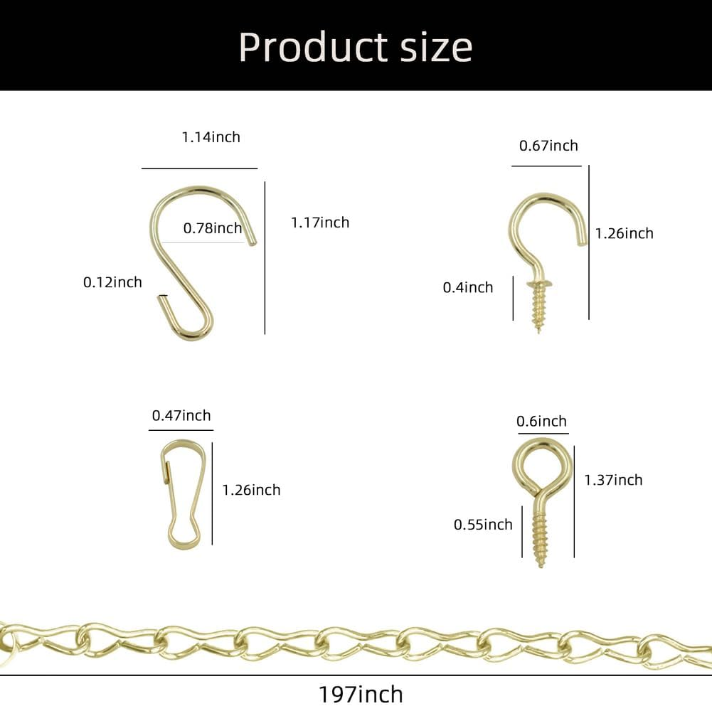 236 Inch Gold Hanging Baskets Chains - Adjustable Length, Brass Decorative Metal Chain with a Great Assortment of Hooks for Hanging Bird Feeders Planters Baskets Billboards Ornaments, Chain Hooks DIY image number 3