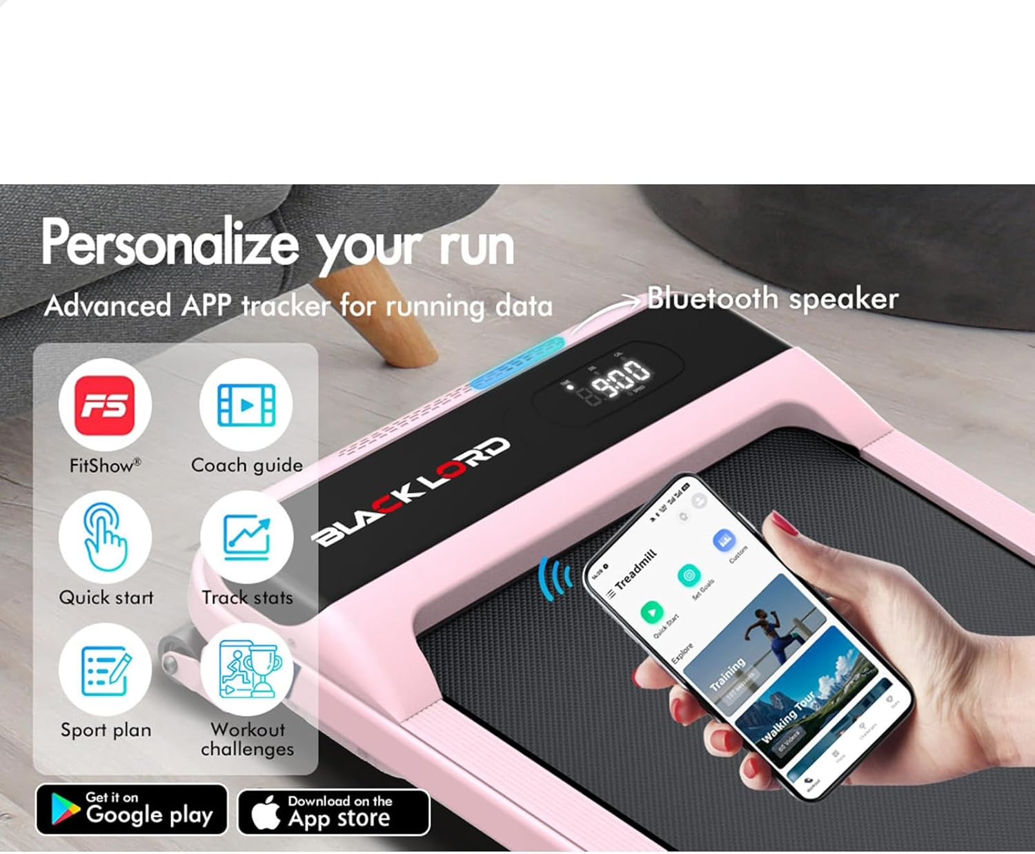 BLACK LORD Walking Pad Treadmill MS2 with Incline, Home Office Gym 3.4HP Fitness Equipment, Portable under Desk, Bluetooth APP Control & Remote Trainer for Jogging Running, Pink image number 3