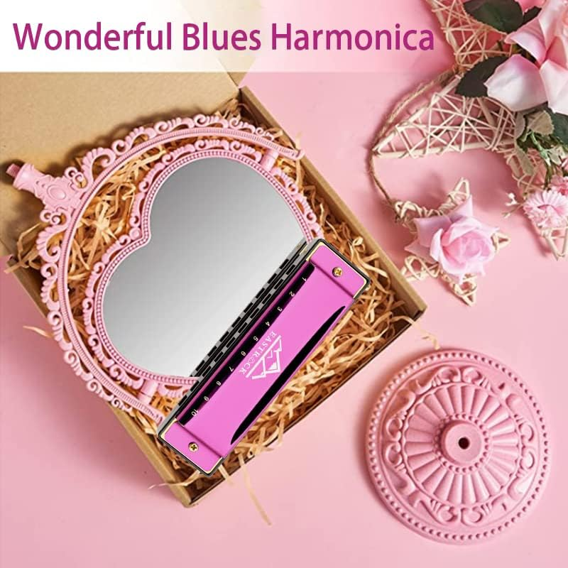 EASTROCK 10 Holes Blues Harmonica for Adults & Kids,Professional C-Key Blues Harp Mouth Organ with Case,Beginner, Students Gifts, Pink - Bronze image number 4