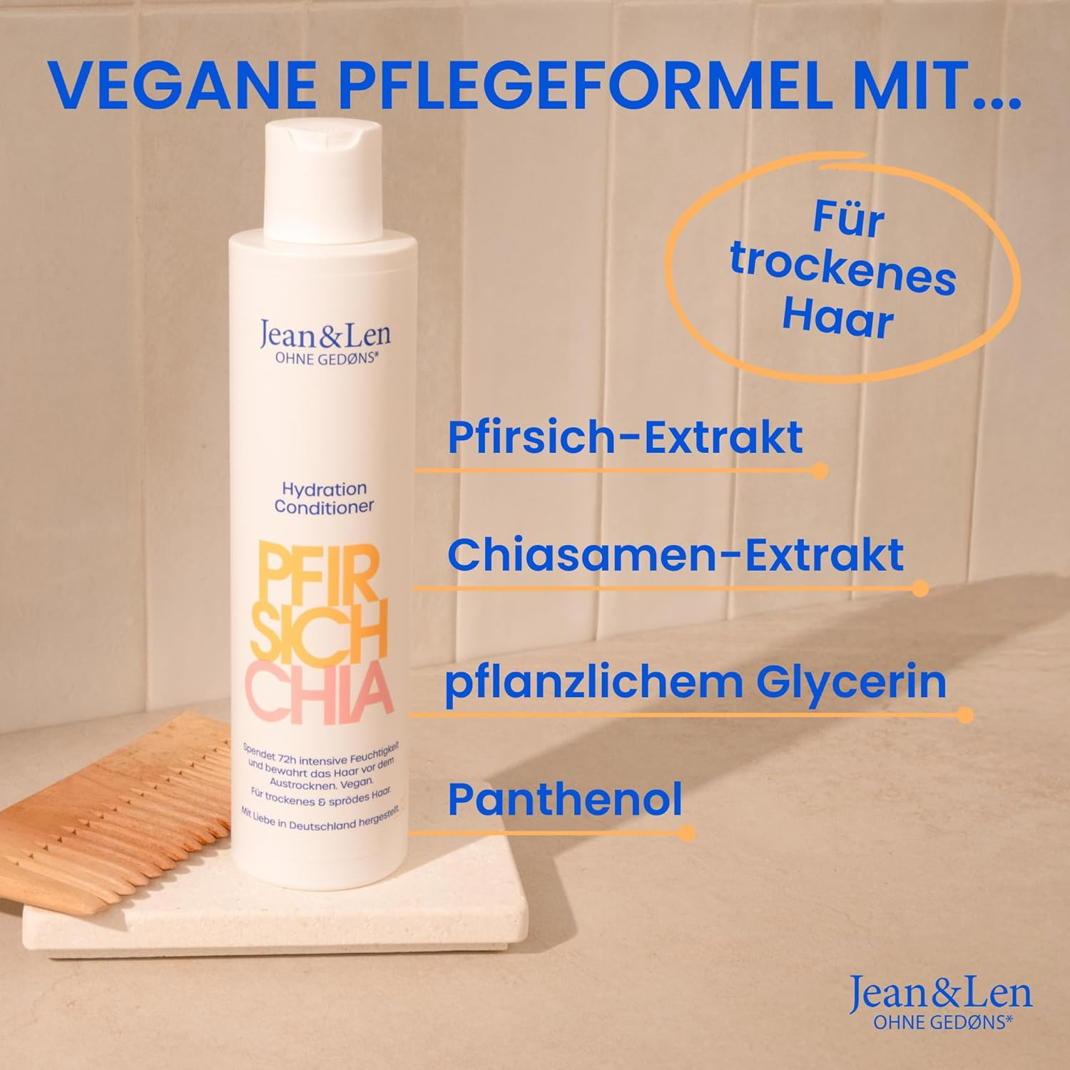 Jean & Len Conditioner Peach & Chia Seeds, for Dry Hair, Vegan Hair Care with Peach & Chia Seed Extract & Vegetable Glycerine, Silicone-Free & Paraben-Free, 300 Ml image number 3