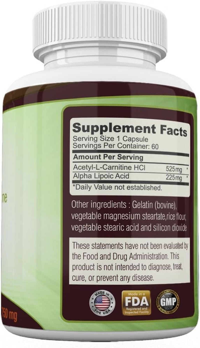 Acetyl-L-Carnitine & Alpha Lipoic Acid Supplement &ndash; 525Mg ALCAR + 225Mg ALA per Capsule &ndash; Non-Gmo, Sports Nutrition Formula &ndash; 60 Capsules image number 1