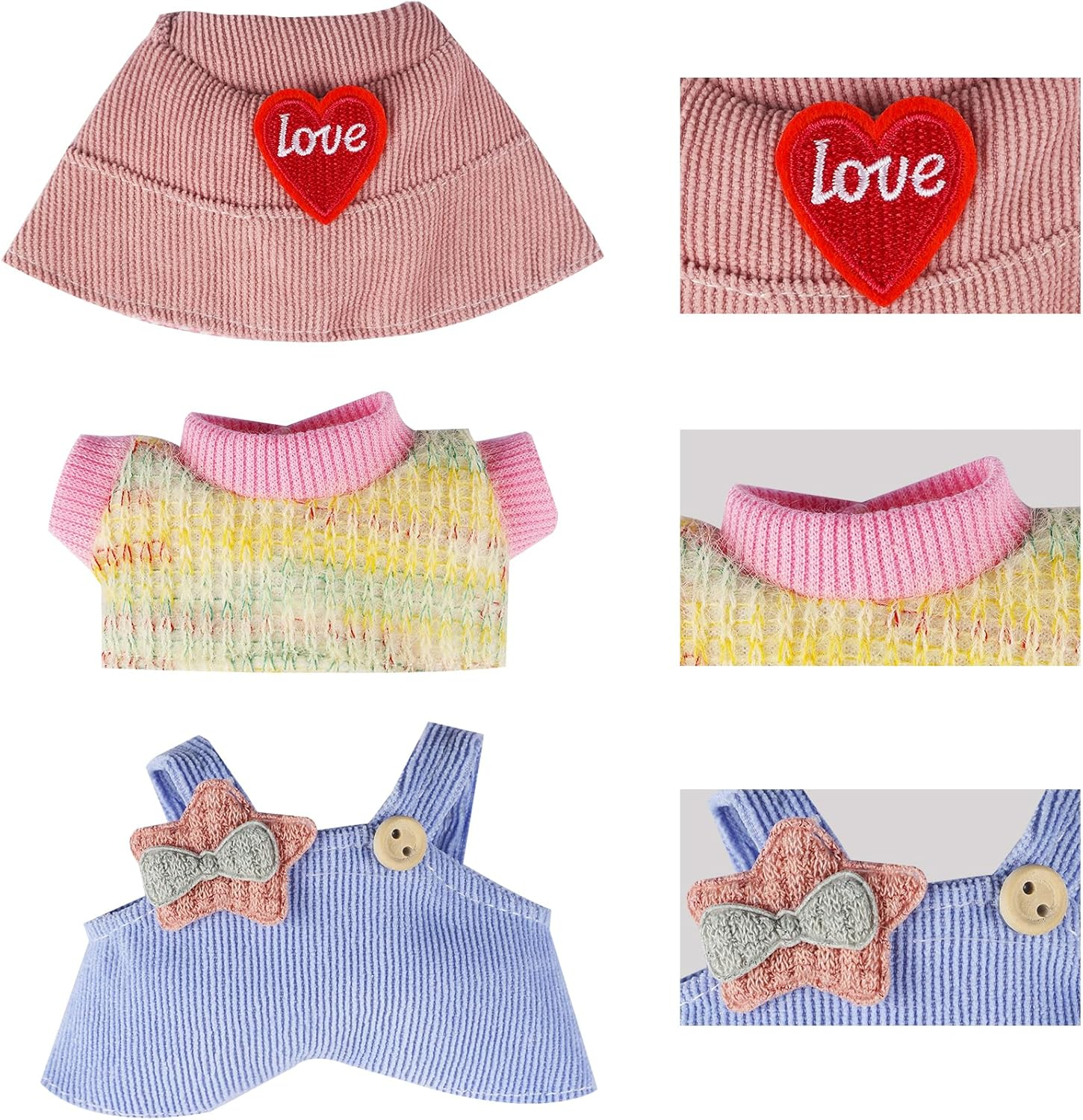 E-TING 17Cm Doll Clothes Accessories Sets Fitted for Sitting/Standing Style Plush Doll 1 Hat+1 Sweater+1 Baby Blue Fashionable Overalls (Pink Star Dolls Clothing) image number 2