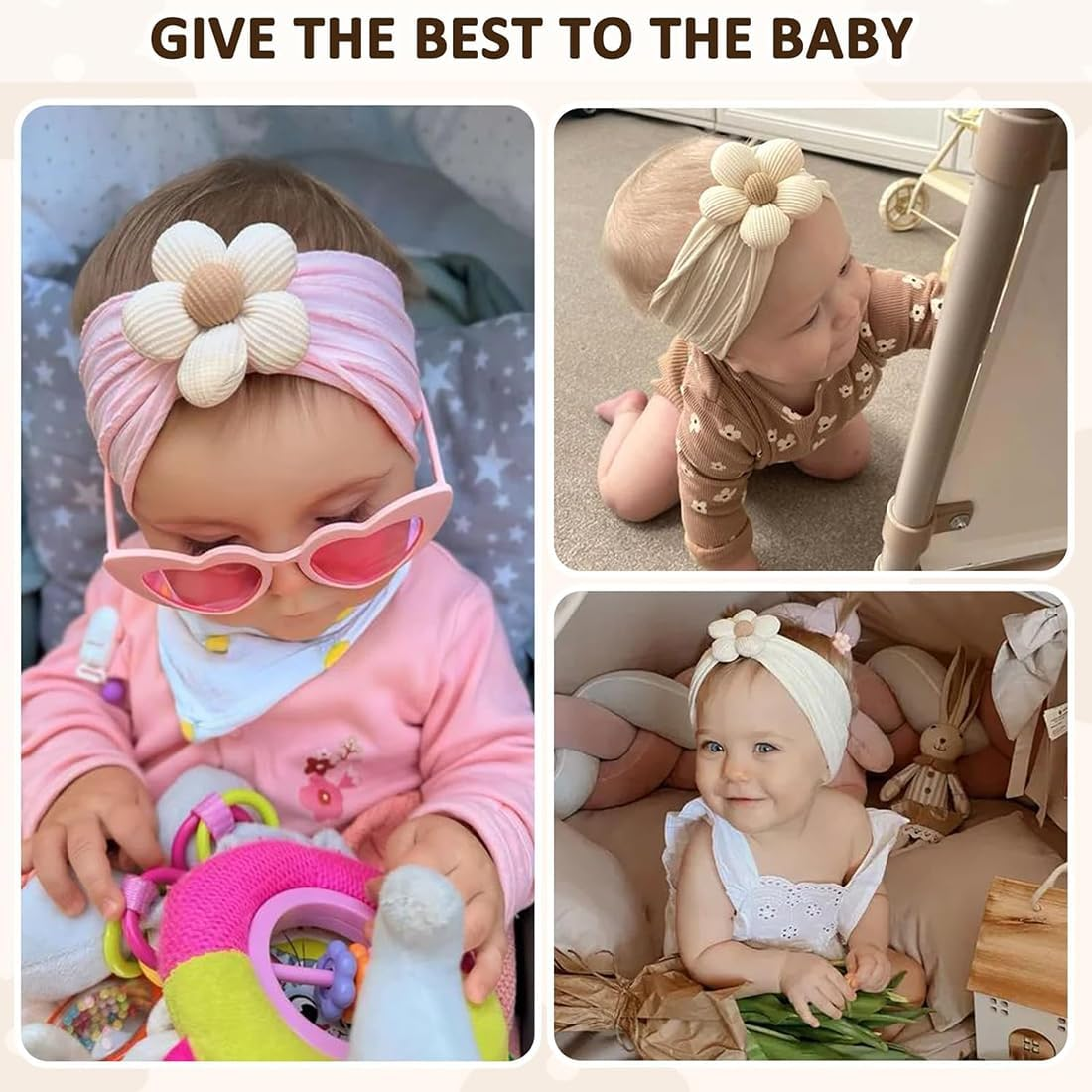 3Pcs Baby Girls Flower Headbands, Soft Elastic Baby Nylon Hairbands Baby Flower Headbands, Stretchy Handmade Hairbands Headwrap Hair Accessories for Newborn Infant Kids（Beige Pink Khaki） image number 4