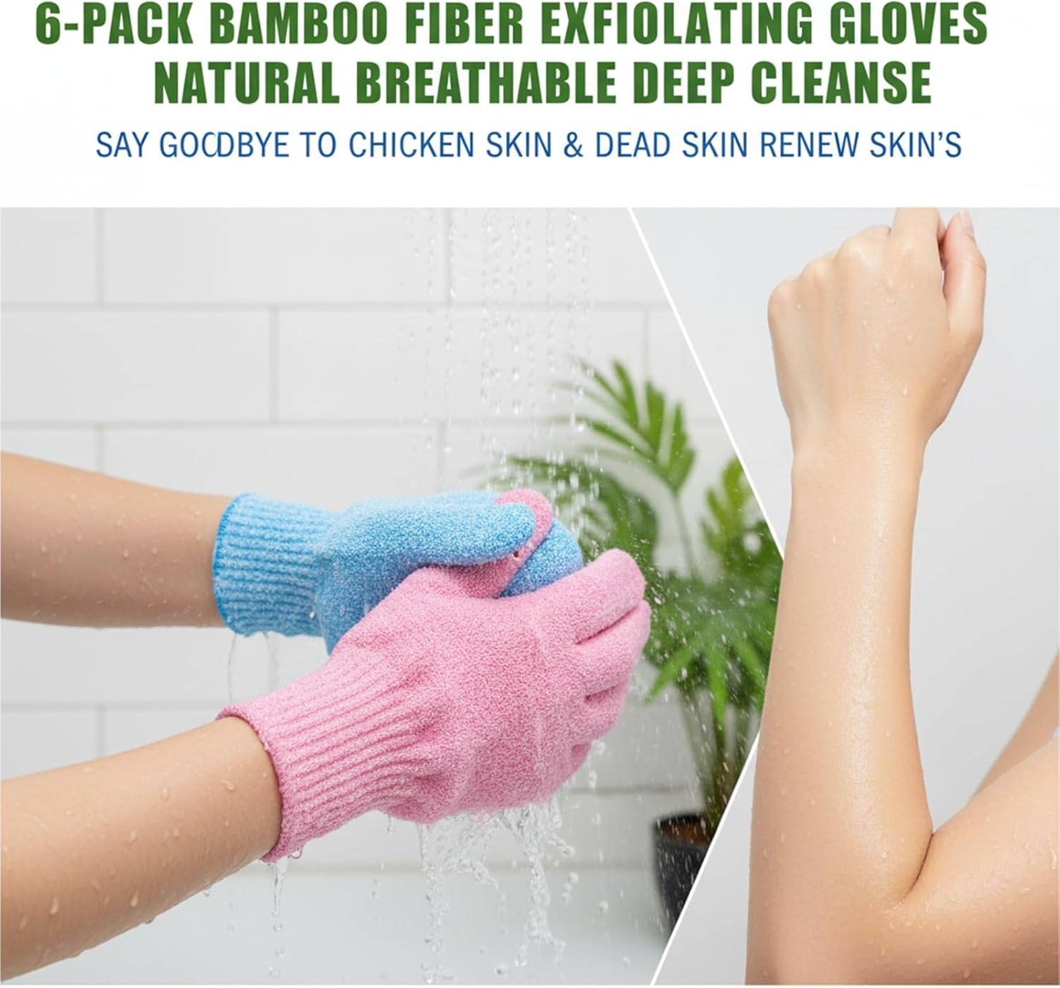 Exfoliating Gloves for Shower, Body Scrub Mitts to Remove Dead Skin Cells and Improve Skin Texture - 6 Pcs Set of Bath Gloves for Deep Cleansing(Green,Blue,Pink) - Abvian image number 2