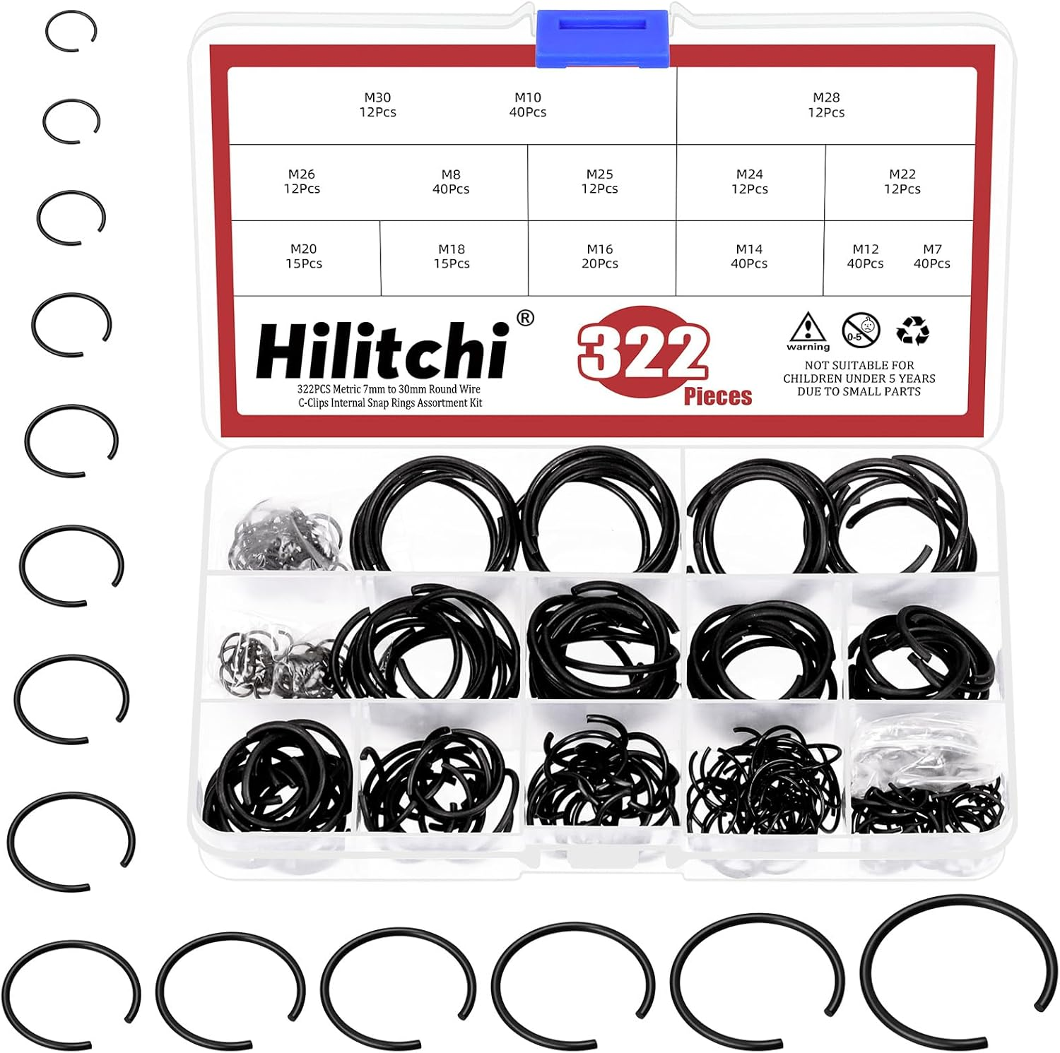 Hilitchi 322Pcs round Wire Snap Rings for Hole, Manganese Steel C-Clips Internal Snap Rings Assortment Kit for Cylinder Automobile image number 3