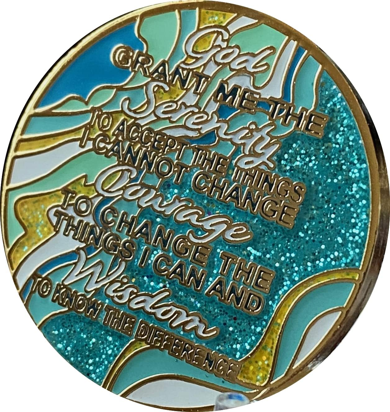 2 Year AA Medallion Elegant Marble Caribbean Aqua Glitter Blue Gold Plated Chip image number 3