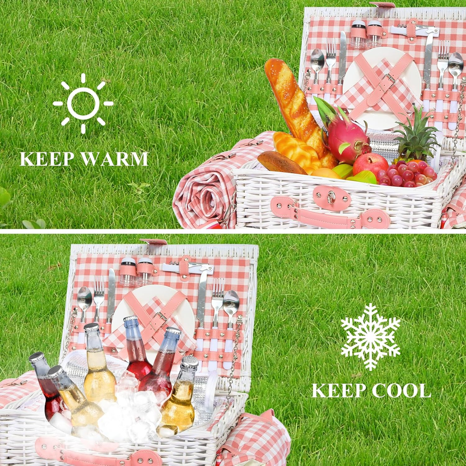 Picnic Basket for 2 with Waterproof Blanket and Wine Pouch, Insulated Wicker Picnic Basket Set, Large Willow Hamper for Outdoor, Beach, Camping, Couples, Wedding Gift, Pink - Blue And White Grid image number 5