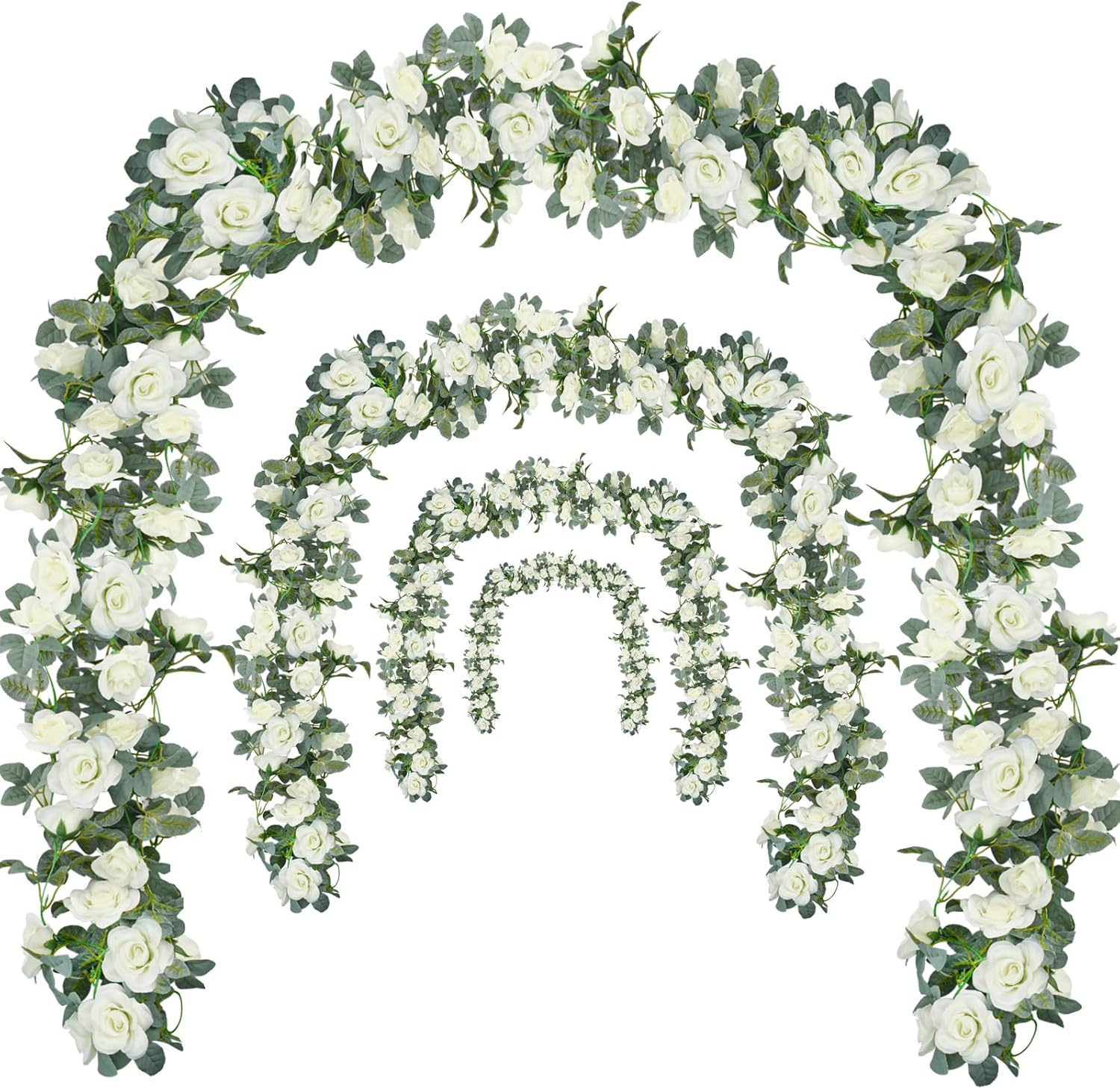 Bacucine Flower Garland Rose Vine 4Pcs 28FT Artificial Floral Garland with Green Leaves Hanging Rose Vine for Wedding Party Garden Home Wall Decor (White) image number 4