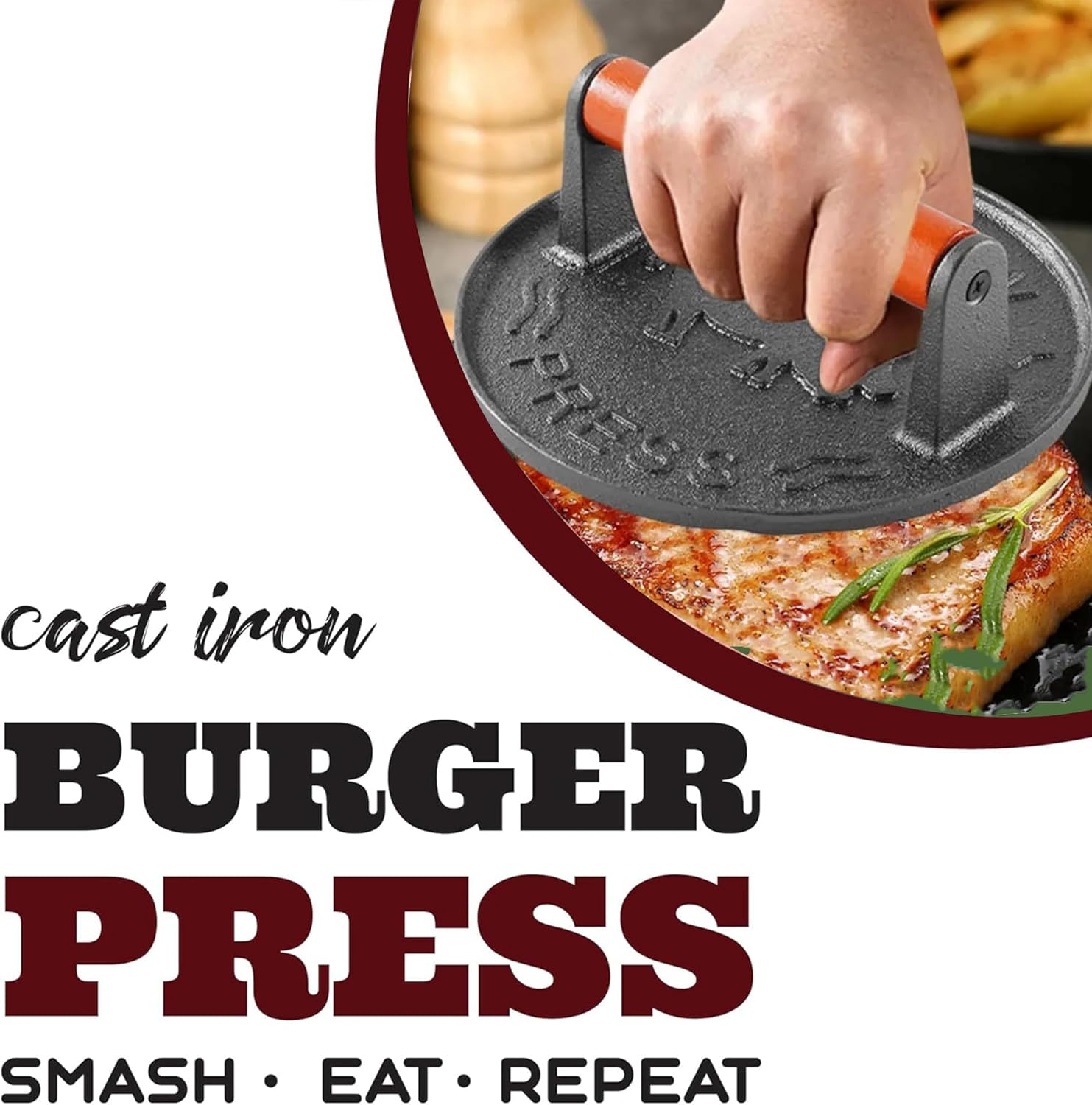 OMGWYSIWYG Burger Press Professional Heavy Duty Cast Iron Hamburger Smasher Tool for Blackstone Griddle Grill,Smashburger, Bacon, Ground Beef Meat, Steak, Sausage, Sandwich Cooking【7.2 Inch Round】 image number 6