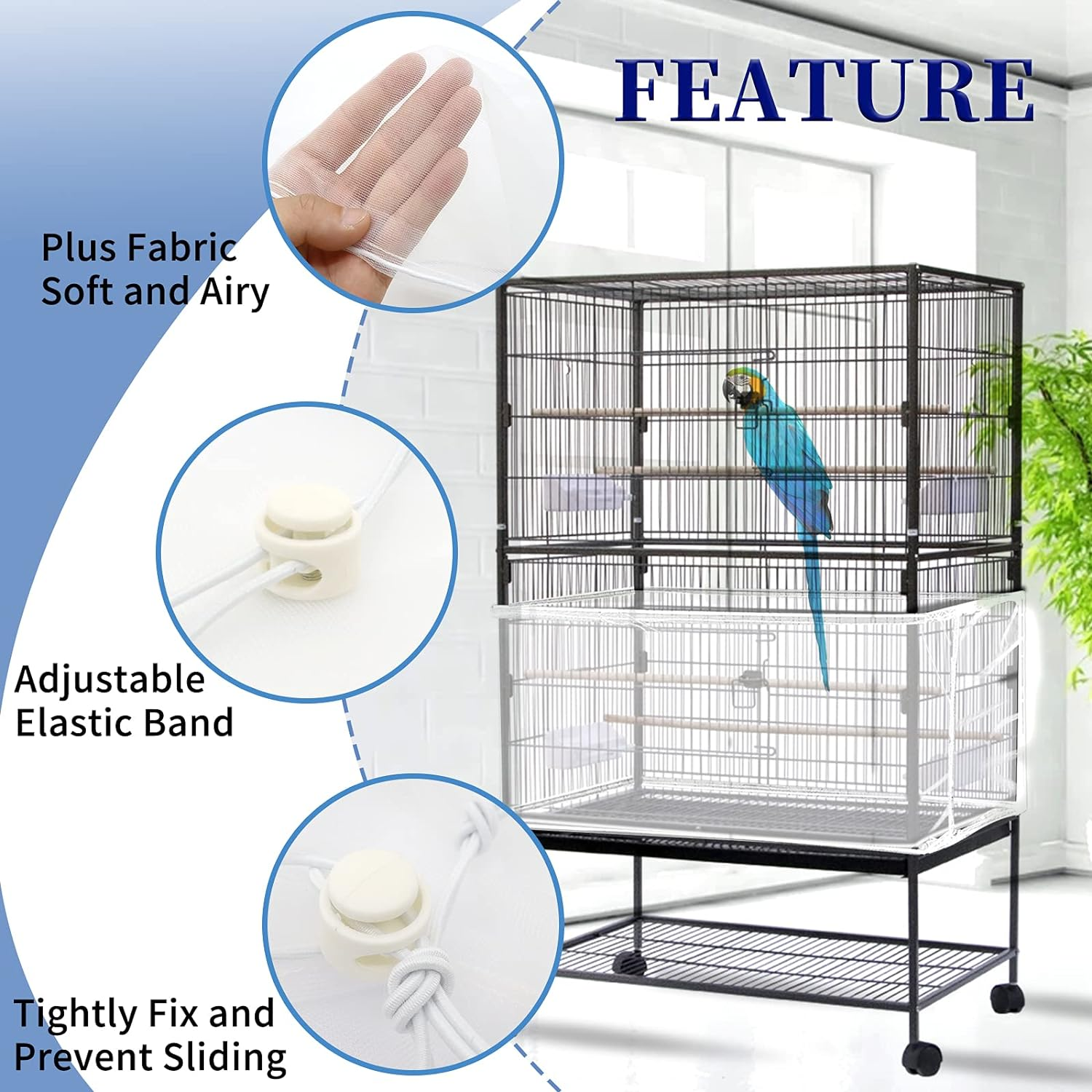 Large Bird Cage Cover, Daoeny Bird Cage Seed Catcher, Adjustable Soft Airy Nylon Mesh Net, Birdcage Cover Skirt Seed Guard for Parrot Parakeet Macaw African round Square Cages (White) - Black, Daisy Design image number 4