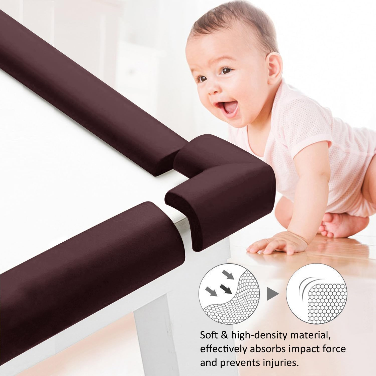 Aedlcal Edge Corner Protector, Baby Proofing Edge Protector Pre-Taped Edge Protector Strip with 8 Corner Guards Soft Rubber Foam Cushion Furniture Corner & Edge Safety Bumpers (Brown, 32.8Ft/10M) image number 5