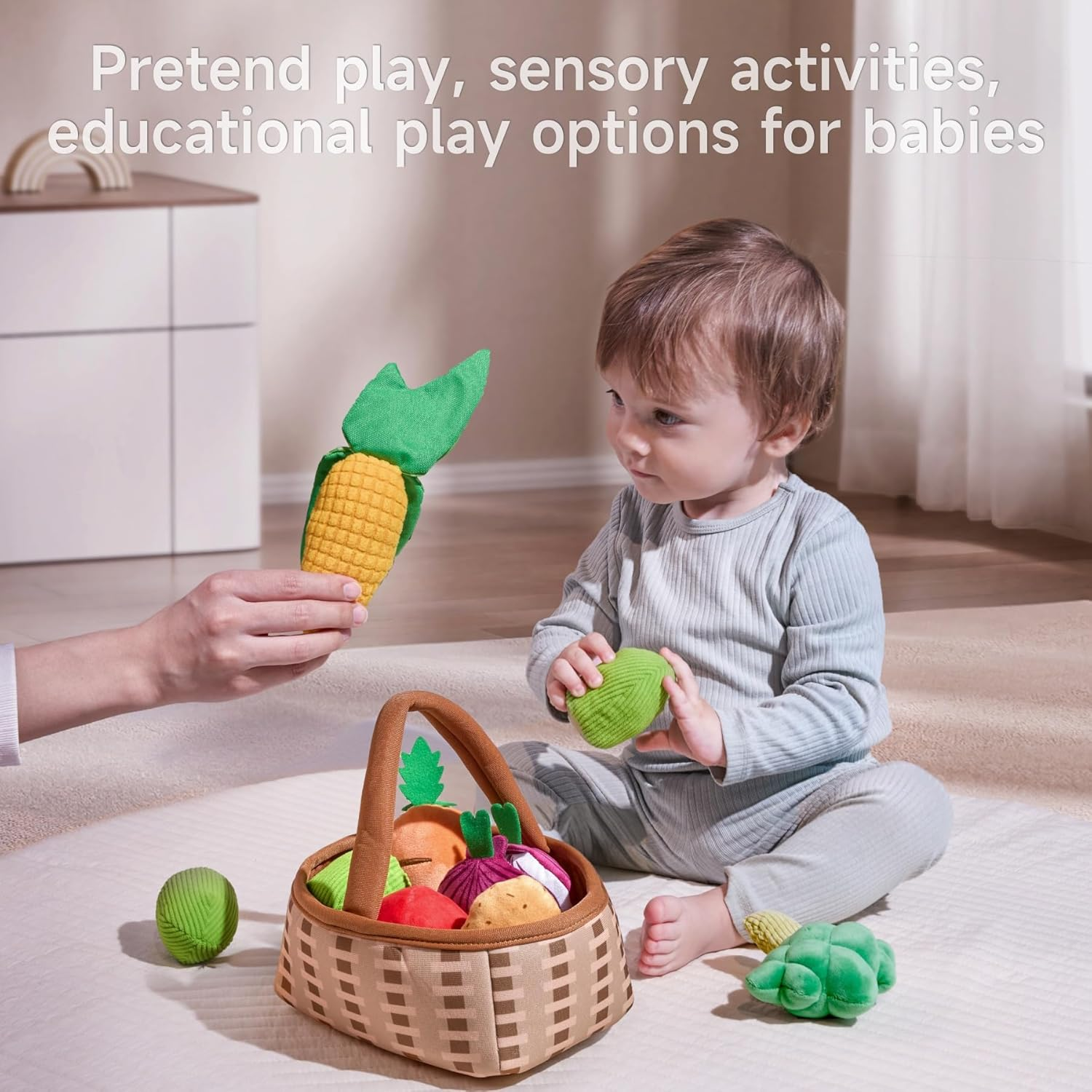 TUMAMA Baby Plush Veggie Basket Stuffed Vegetable Play Set Toys, Pretend Play Kitchen Food Sensory Educational Toys for Toddler 0M+ Months image number 1
