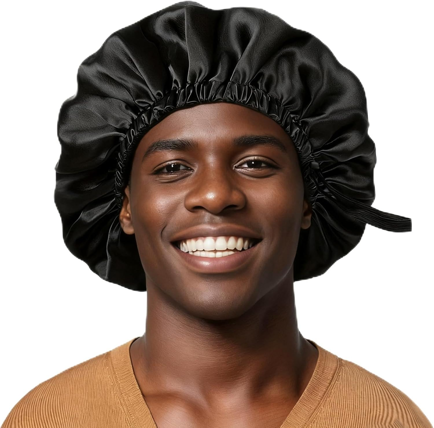 VZU Satin Bonnet Sleep Cap for Men, Breathable Adjustable Silk Night Hat with Elastic Band - Protects against Frizz and Hair Damage, Silk Sleep Cap for Men (Black) image number 6