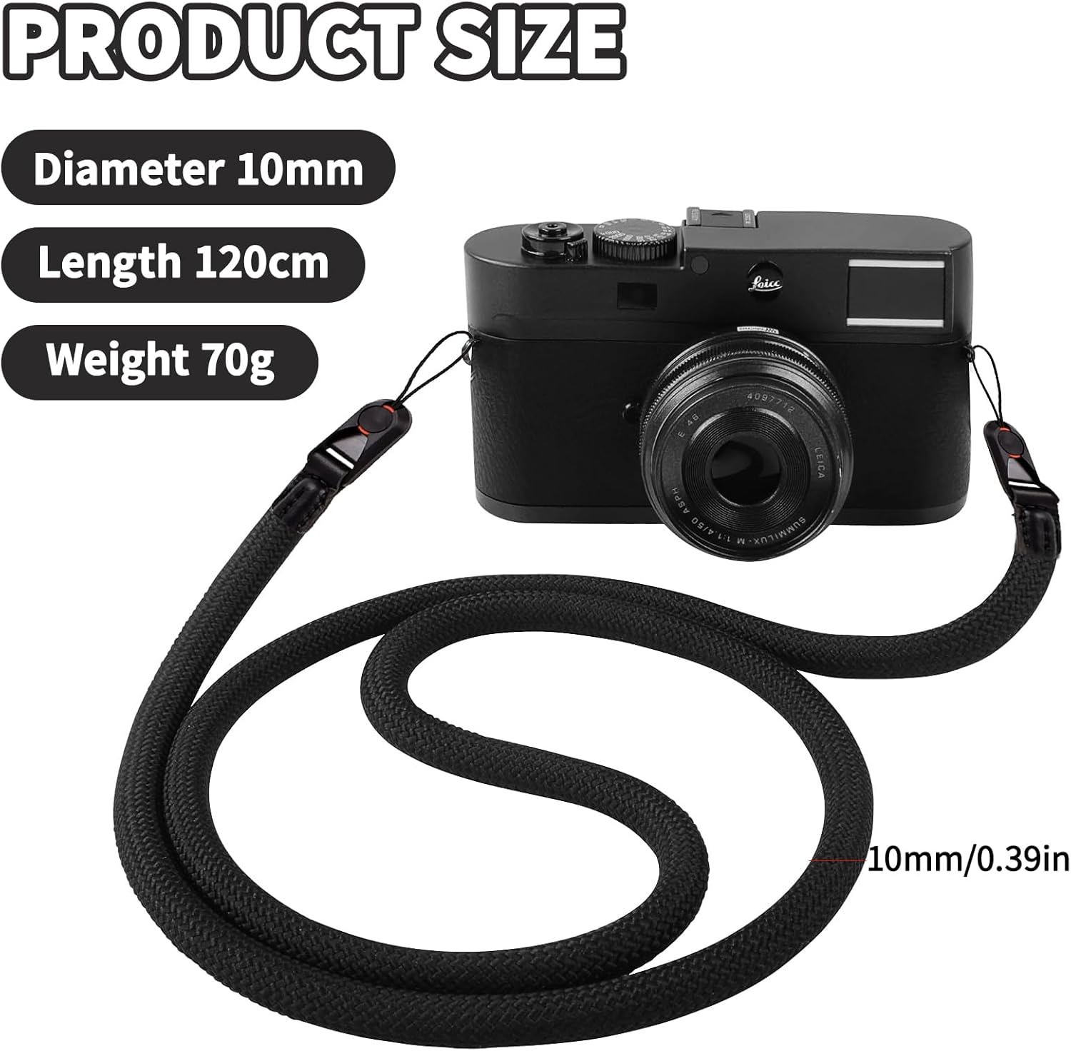 Mohito Camera Shoulder Strap, Climbing Rope, Neck Strap, Suitable for Digital and Mirrorless SLR Cameras, Polyester Material, Abrasion-Resistant and Scratch-Resistant, Washable (Black), Ferrous, One