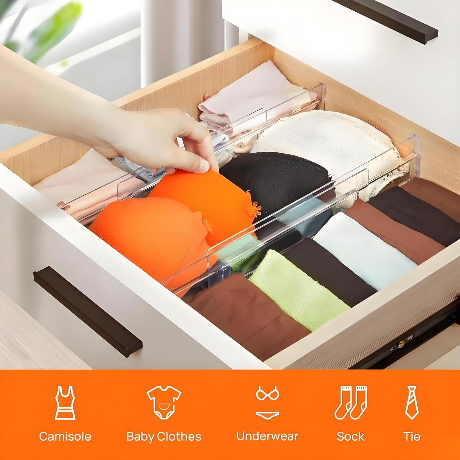 WYFVITDY 10 Pack Drawer Dividers Adjustable Clear Drawer Organisers Expandable 27.5-52Cm, 8Cm High Dividers Separators for Kitchen, Bedroom, Office, Bathroom No Tools Needed image number 1