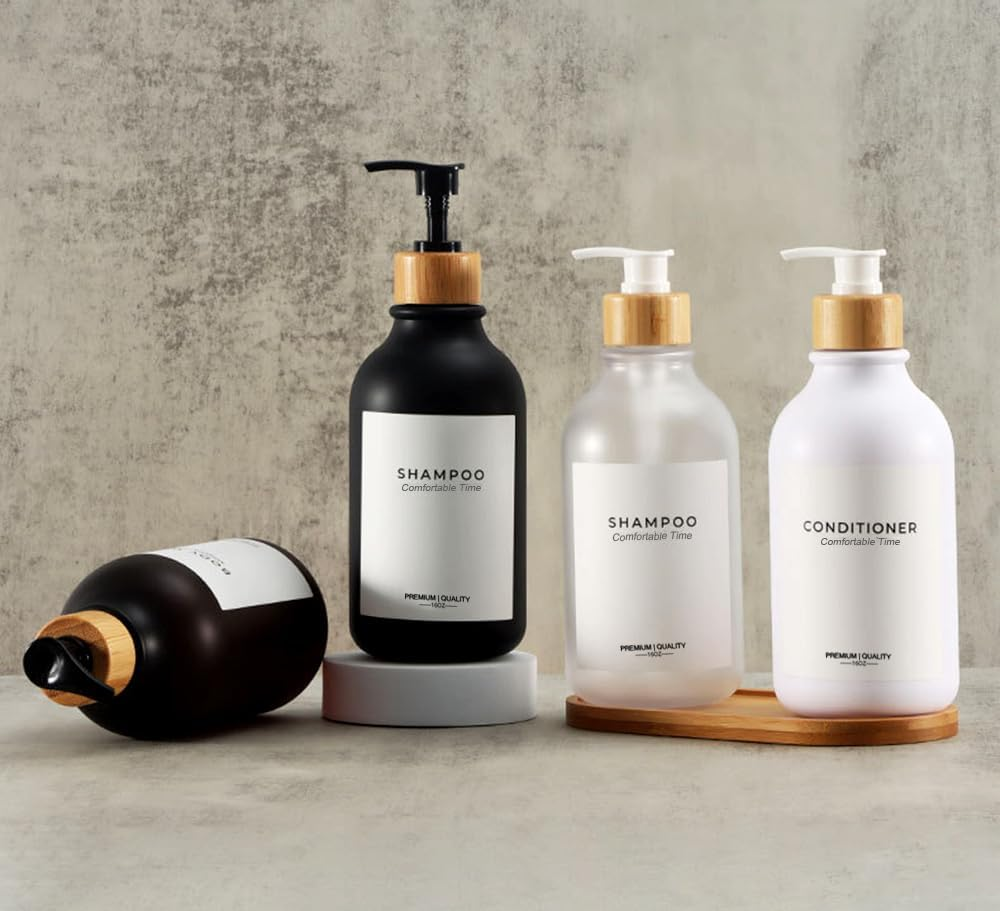 Frosted Heavy Duty Shampoo and Conditioner Bottles, Apothecary Dispenser Bamboo Pump, Refillable Shampoo Bottles for Shampoo Lotion Oil Shower Soap Hand Soap and Dish Soap (Matte Amber)