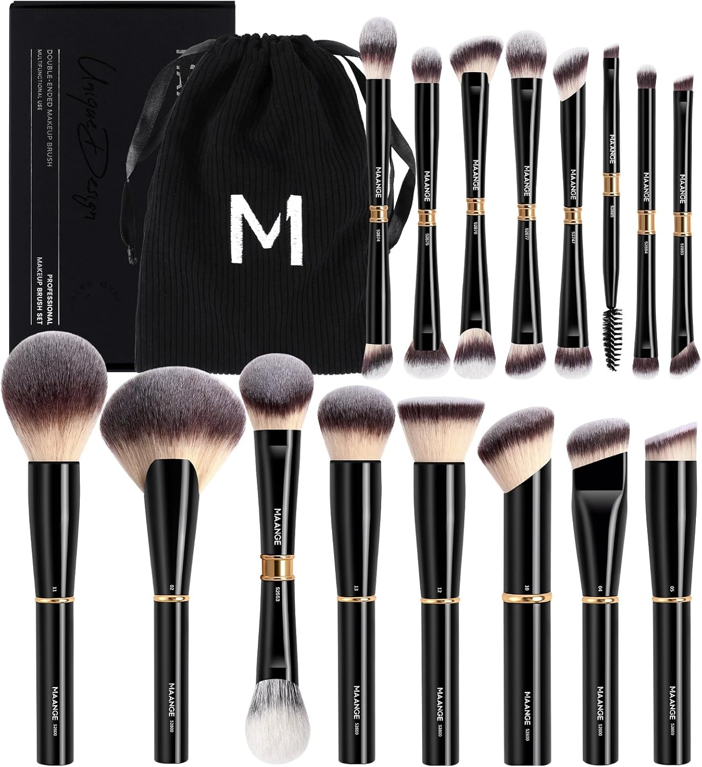 MAANGE 16 Pcs Professional Makeup Brushes, Double Sided Foundation Powder Contour Blush Set Complete Set with Pouch and Gift Box (Coffee Brown)