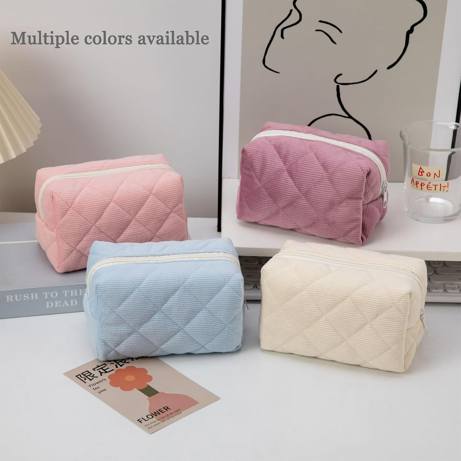 Small Makeup Bag for Purse Corduroy Makeup Bag Travel Makeup Pouch Mini Cosmetic Bag for Women Pink image number 1