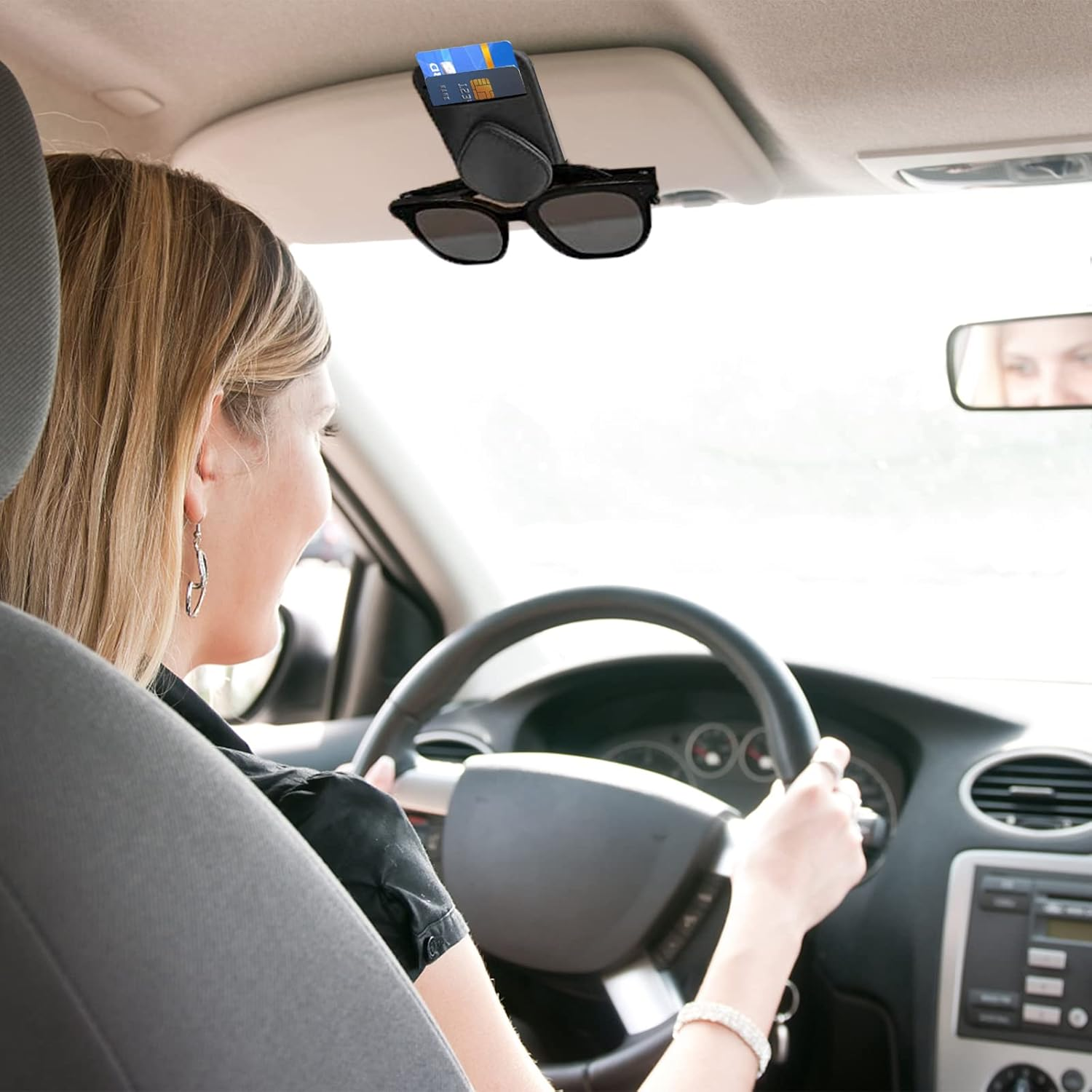 Sunglass and Card Holder for Car Visor, 2 Card Slots Visor Glasses Clip, Strong Magnetic Visor Holder, Visor Accessories for Cars SUV (Black 1Pc) image number 1