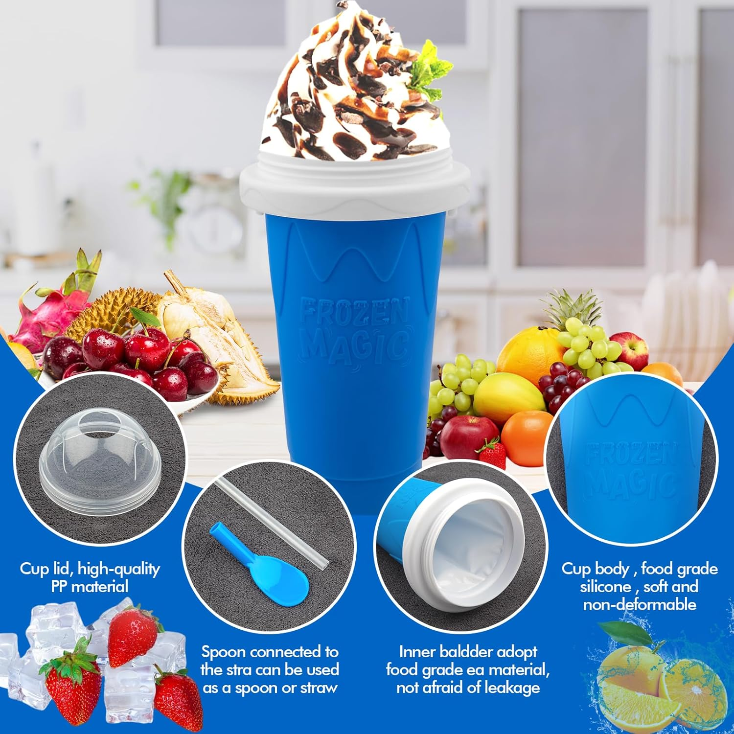 Slushie Maker Cup, DIY Magic Slushy Maker Squeeze Cup, Portable Smoothie Squeeze Cup for Juices, Milk and Ice Cream Make, Double Layer Squeeze Slushy Maker Cup, Birthday Gifts for Friends&Family Blue image number 3