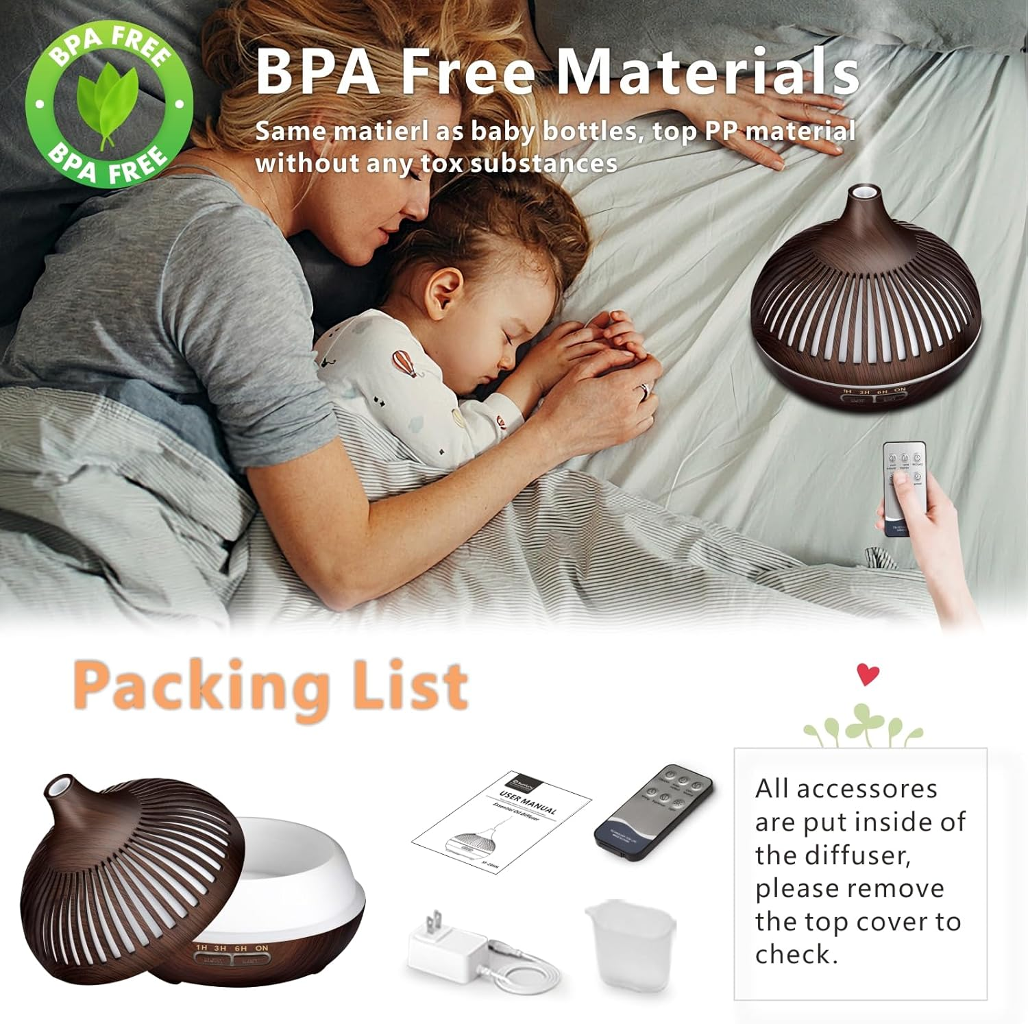 Essential Oil Diffuser, Sunfuny 550Ml Aromatherapy Diffuser Air Humidifier with Remote Control, Aroma Oil Vaporiser, Ultrasonic Fragrance Defuser with RGB LED Light, Xmas Gift (Hollow Dark Wood Grain) image number 1