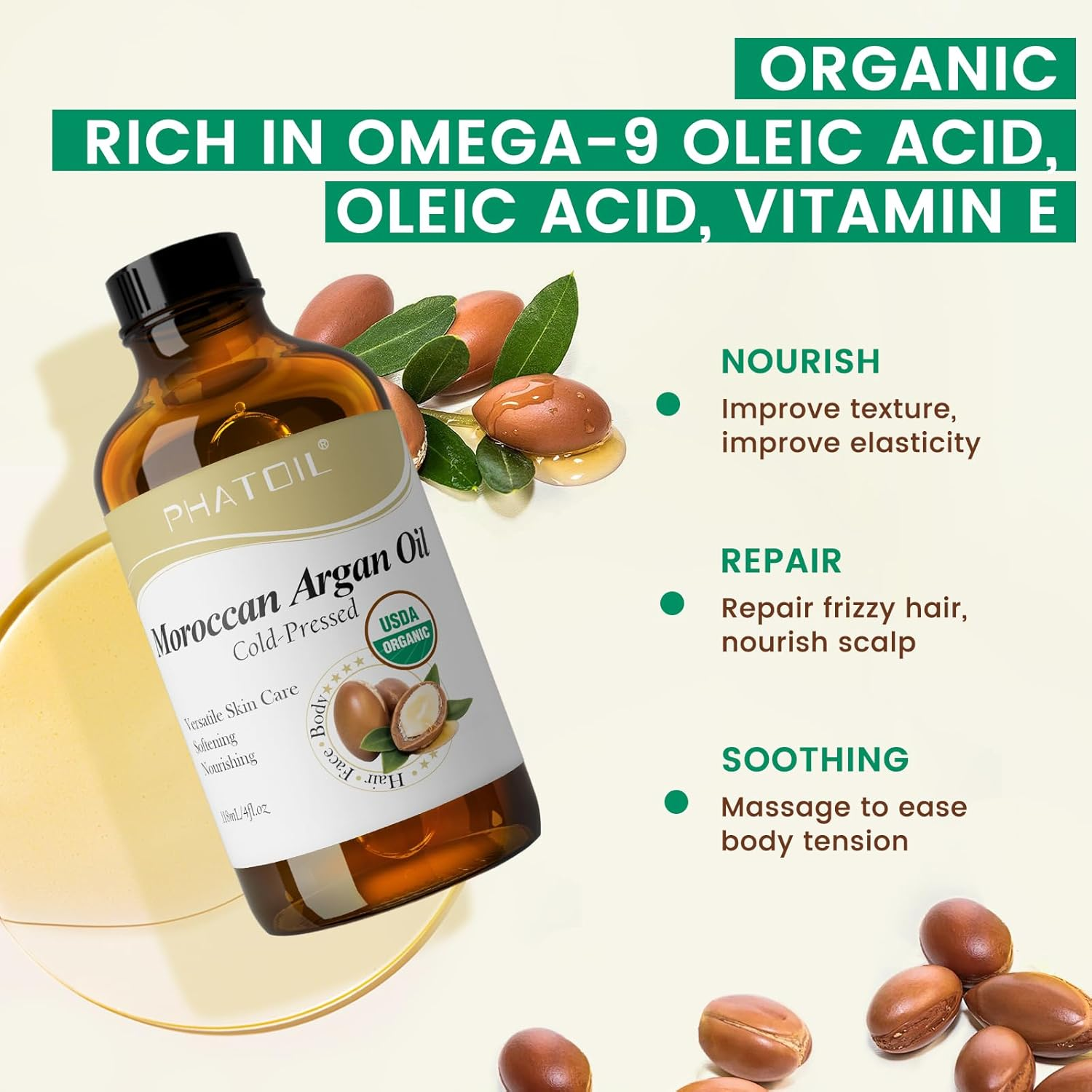 PHATOIL Organic Moroccan Argan Oil for Hair 118 Ml (4 Fl.Oz), USDA Certified Organic, Cold Pressed Argan Oil in Glass Bottle for Face, Skin & Nail Care, Ideal for All Hair Types