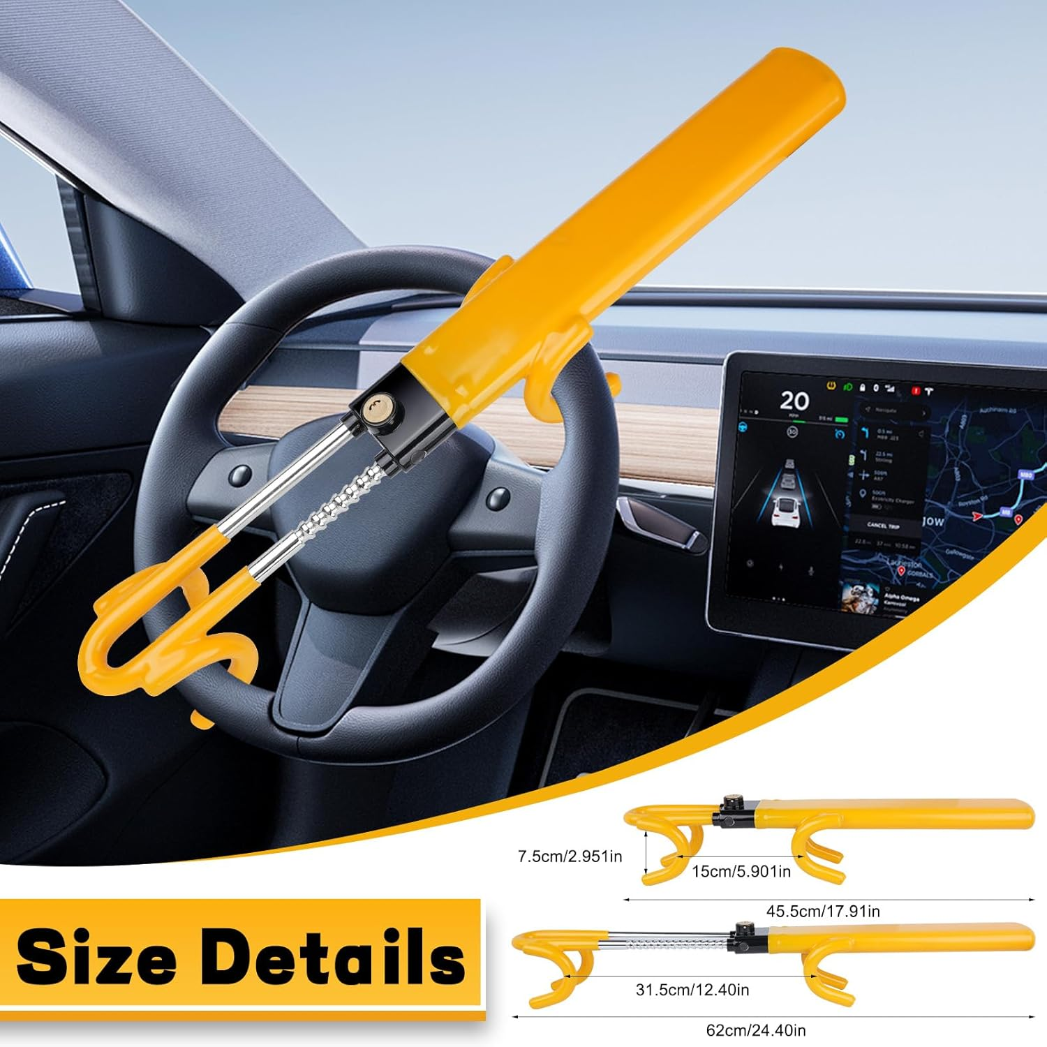 Steering Wheel Lock, Heavy Duty Anti-Theft Security Device for Cars, Adjustable Length Clamp, Double Hook Lock, Suitable for Multiple Car Models image number 5