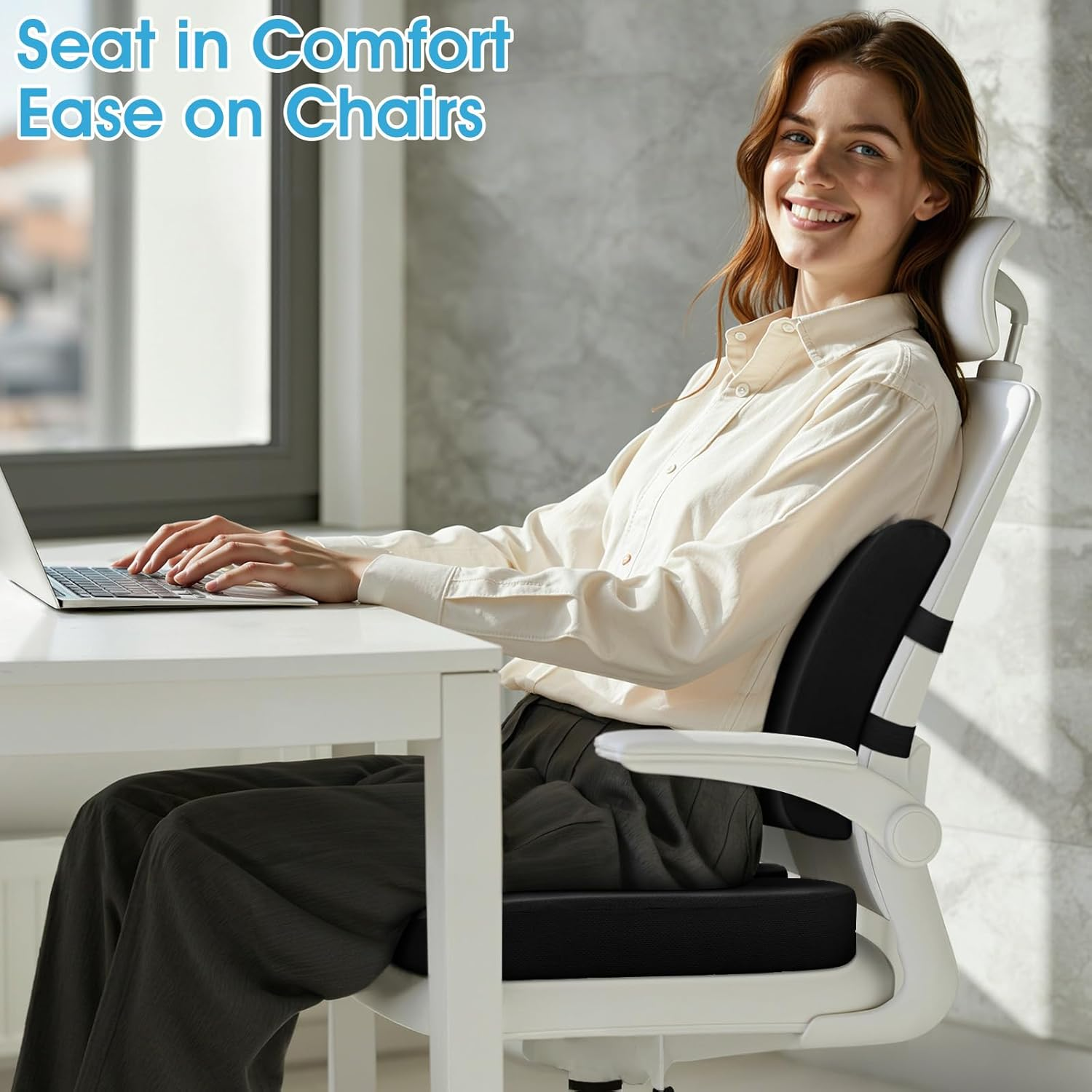 Seat Cushion, Lumbar Support Pillow with Adjustable Strap-Chair Cushions for Sciatica Pain Relief-With Washable Cover Memory Foam for Car, Travel and Wheelchair-Black image number 2