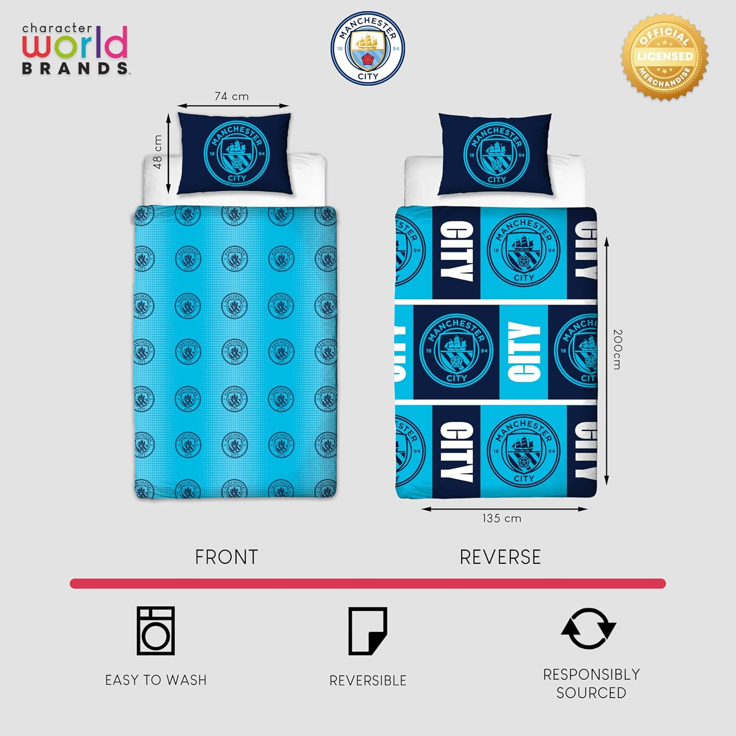 Manchester City FC Official Single Duvet Cover Set | Flashy Design | Blue Reversible 2 Sided Football Bedding Cover Official Merchandise Including Matching Pillow Cases | Polycotton image number 3