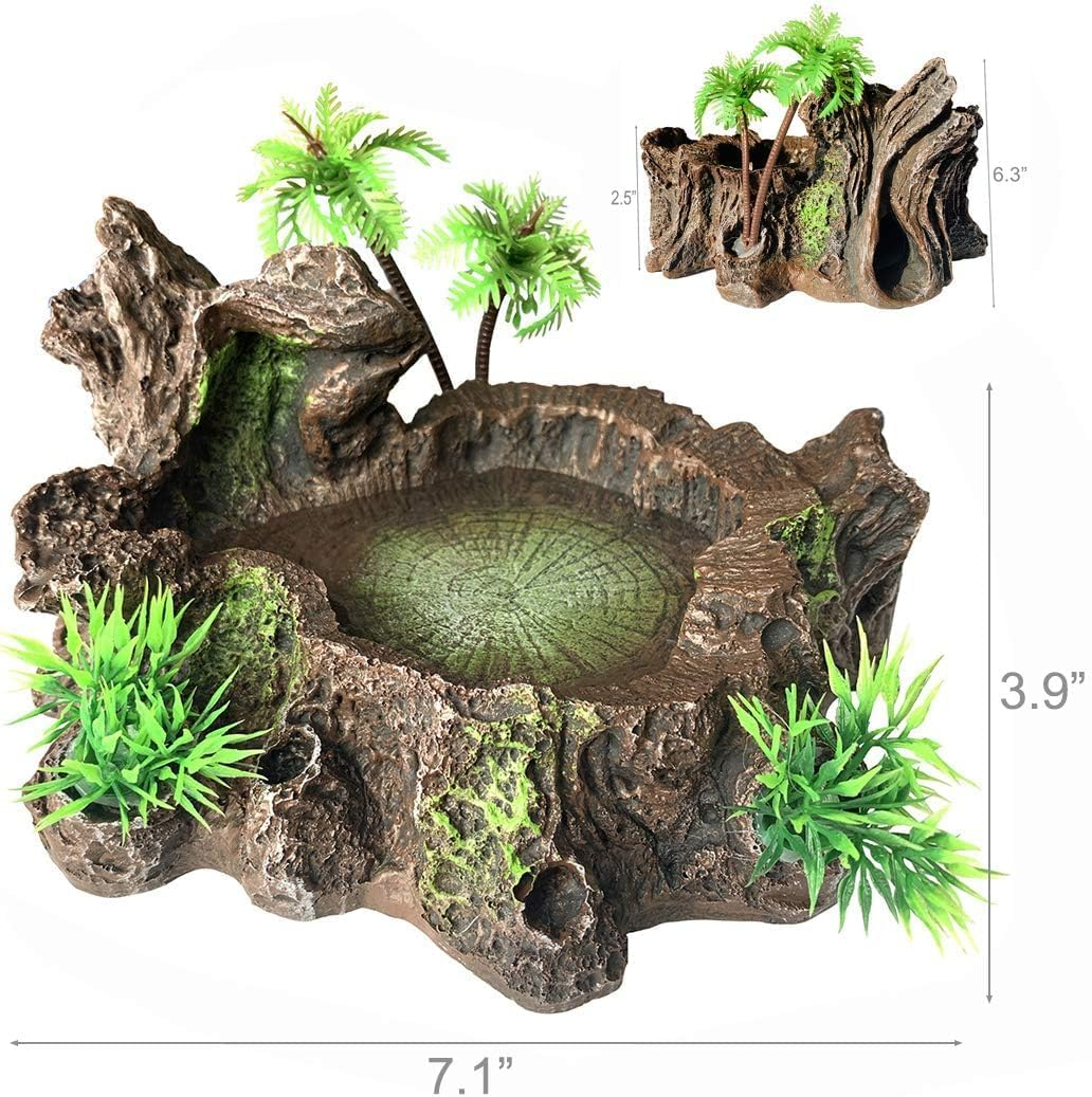 PINVNBY Resin Reptile Platform Artificial Tree Trunk Reptile Tank Decor Food Water Dish Bowl for Bearded Dragon,Lizard, Gecko, Water Frog,Snake image number 5