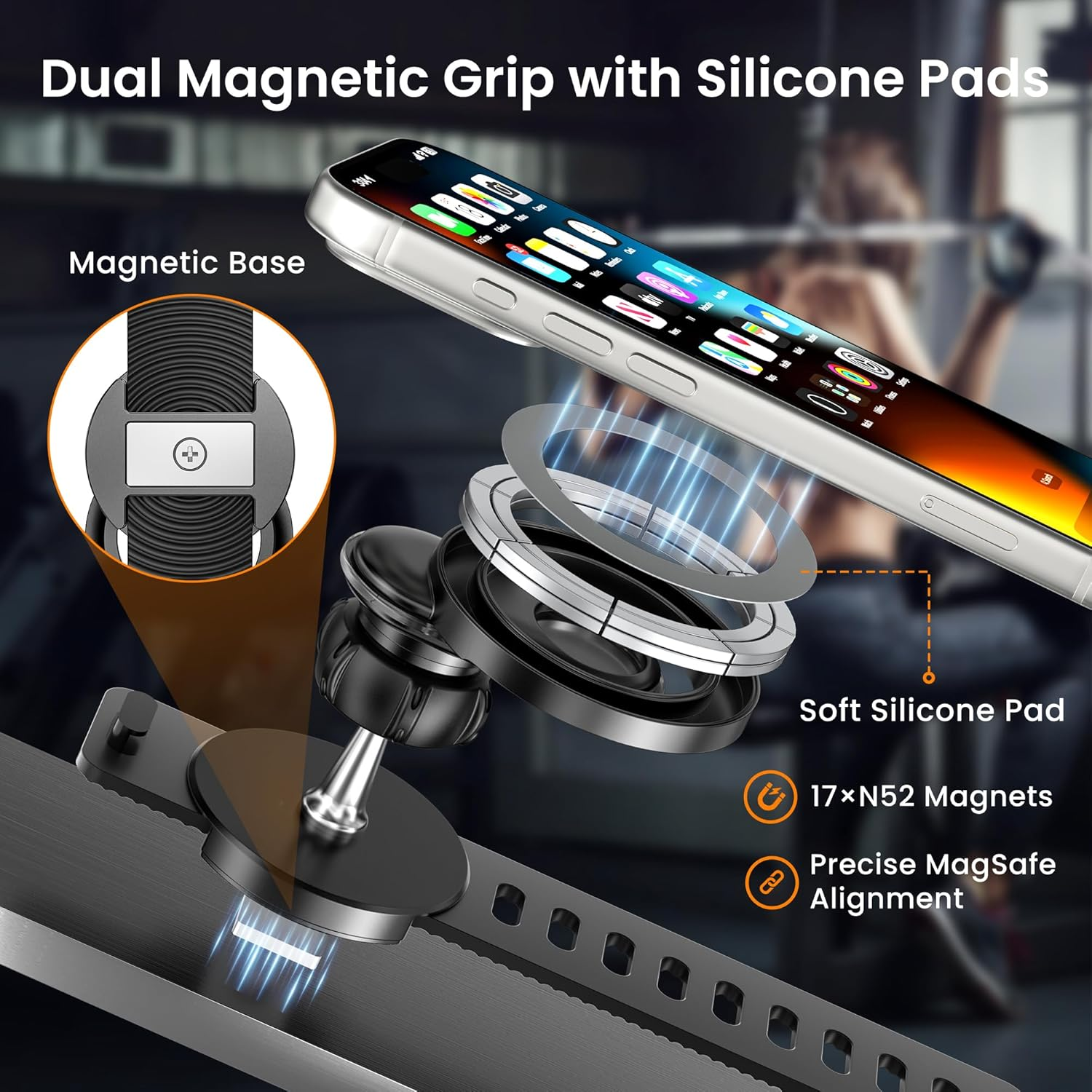 Itramax Stroller Phone Holder Mount,360&deg; Magnetic Phone Mount with Adjustable Strap,Gym Bike Handlebar Holder for Magsafe Iphone 17 16 15 14 13 12,Smartphones,Peloton,Treadmill,Pram,Shopping Golf Cart image number 4