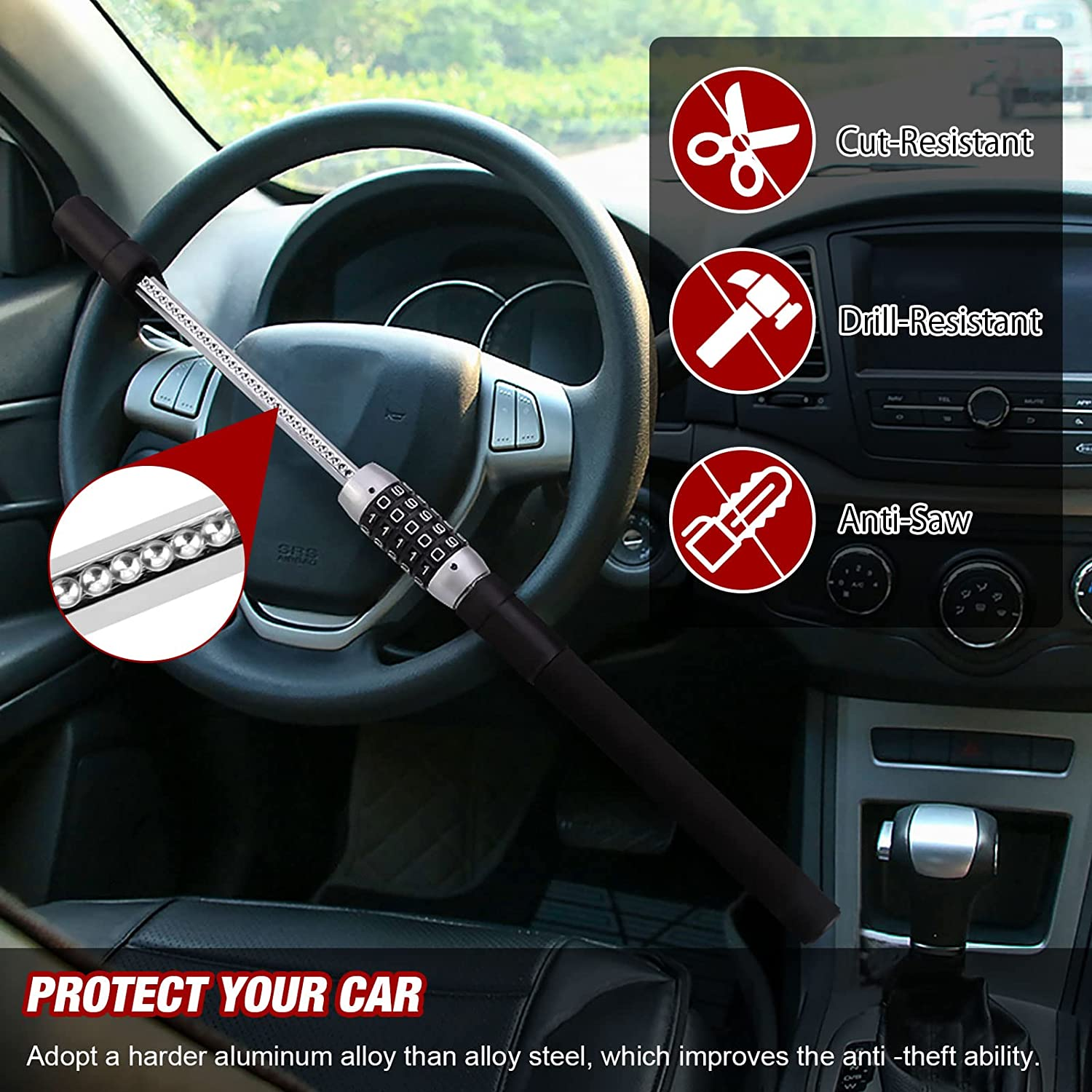 Steering Wheel Lock, Keyless Password 5 Coded Combination Lock, Heavy-Duty Protective Retractable Universal Model for Cars, Suvs, Vans, Trucks image number 1