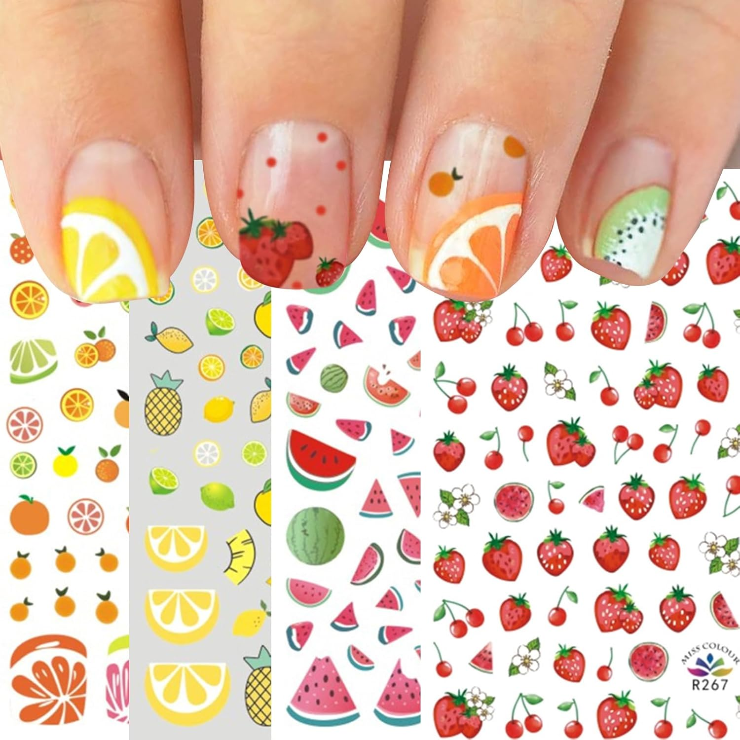 10 Sheets Strawberry Nail Art Stickers Decals Self-Adhesive Cute Fruits Strawberry Watermelon Avocado Cherry Nail Decoration Accessories for Little Girls Kids