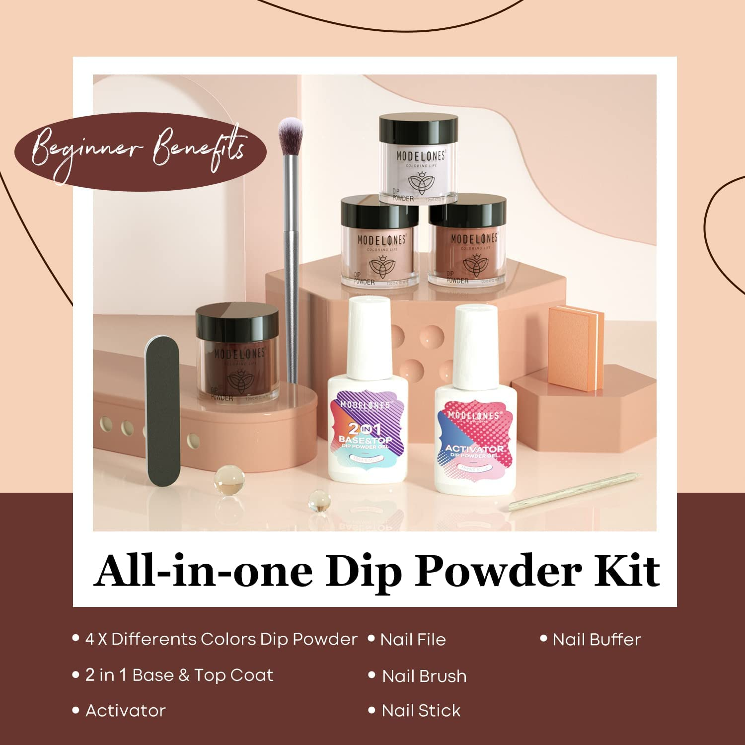 Modelones 10 Pcs Dip Powder Nail Kit Starter, 4 Colors Brown Nude Skin Tones Neutral Dipping Nails Kit with 15Ml Base Top Coat Activator Liquid Set and Nail Tools, Dip System Kit No Lamp Needed Saving Time DIY Manicure Salon Extension Kit image number 1