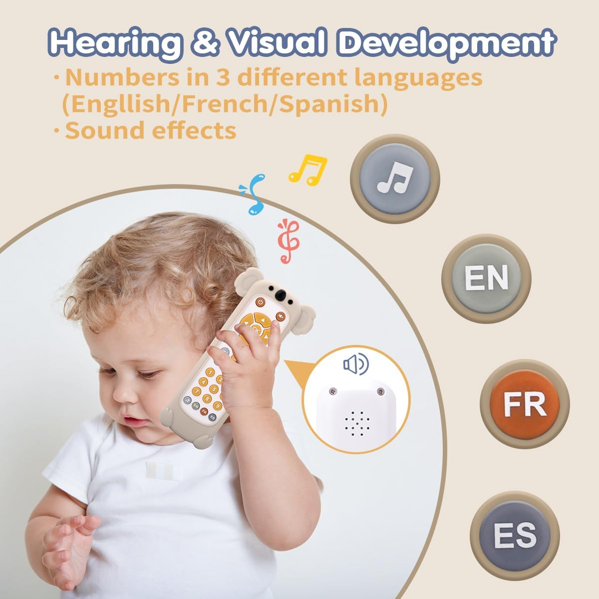 Kaekid Baby TV Remote Control Toy with Silicone Cover, Baby Musical Toys, Toddler Early Number Learning in 3 Languages (English, Spanish & French), Preschool Kids Toys 6-12 Months (Koala) image number 1
