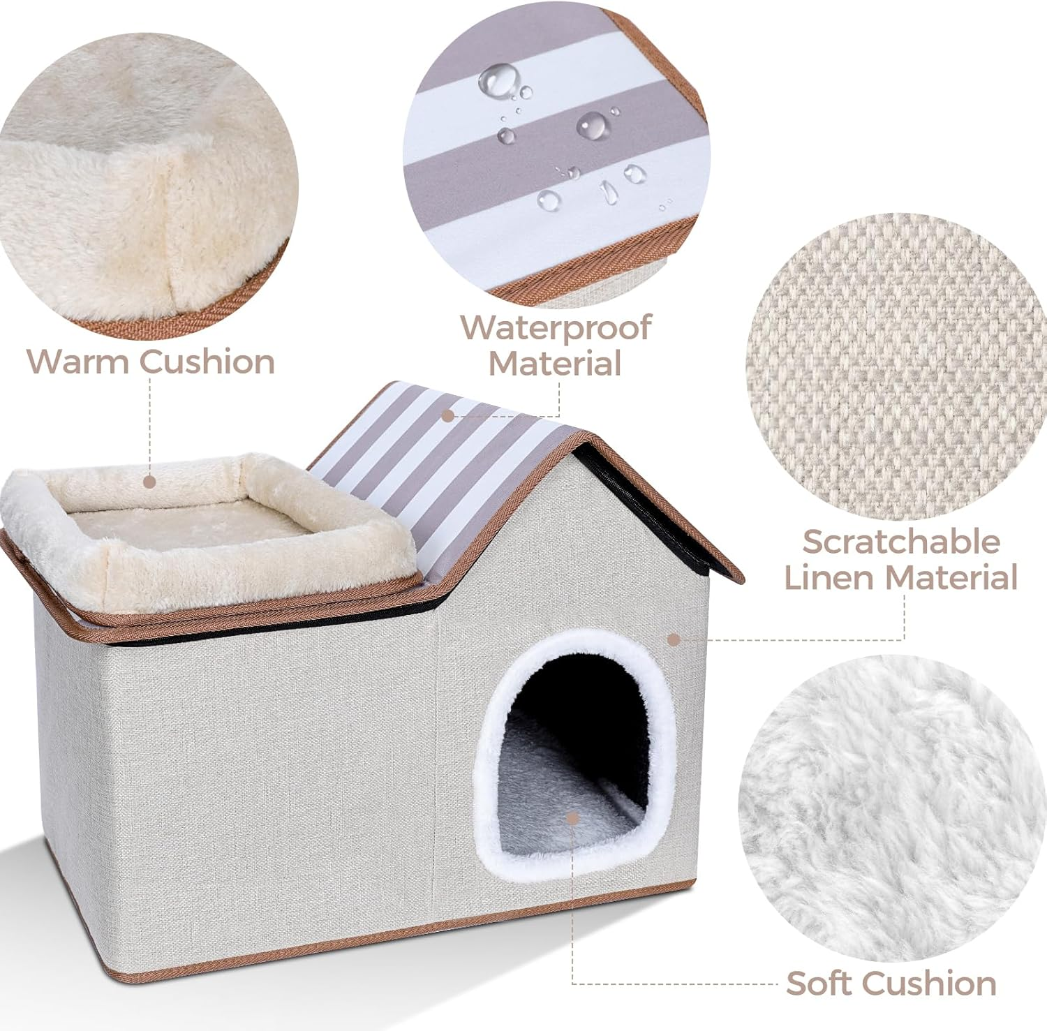 Cat House, Cat Nest with Soft Plush Mat, Removable Cushion, Roof and Windows, Indoor/Outdoor Cat House for Small Medium Cats, Gray image number 1