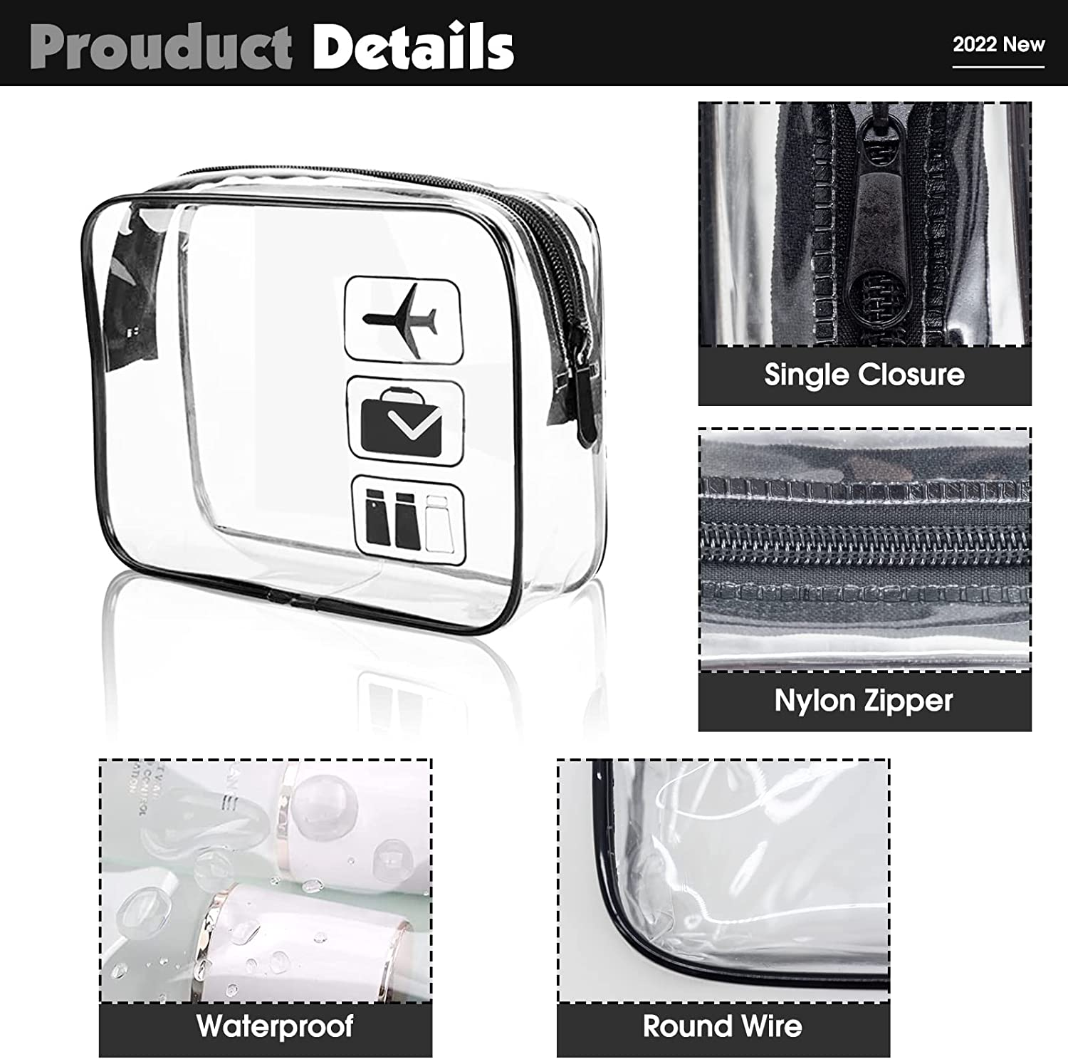 2Pcs Clear Travel Toiletry Bag Wih Zippers Carry-On Travel Accessories Quart Size Toiletries Cosmetic Pouch Makeup Bags for Men and Women image number 1