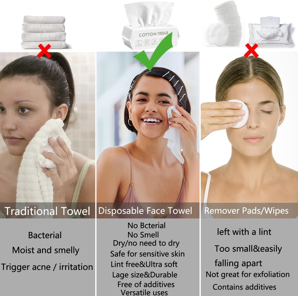 Disposable Face Towel, Extra Thick Cotton Tissue, 100% Cotton Lint Free Unscented Dry Wipes, Facial Clean Washcloth Tissue, Make up Removing Wipes Ultra Soft for Sensitive Skin Cleaning (6 Packs) image number 1