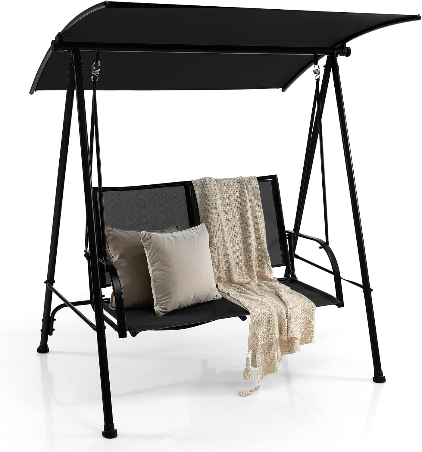 Costway 2-Seat Outdoor Swing with Adjustable Canopy, Patio Canopy Swing Bench with Comfortable Fabric Seat & Heavy-Duty Metal Frame,Outdoor Swing Loveseat for Patio, Garden, Poolside (Beige)