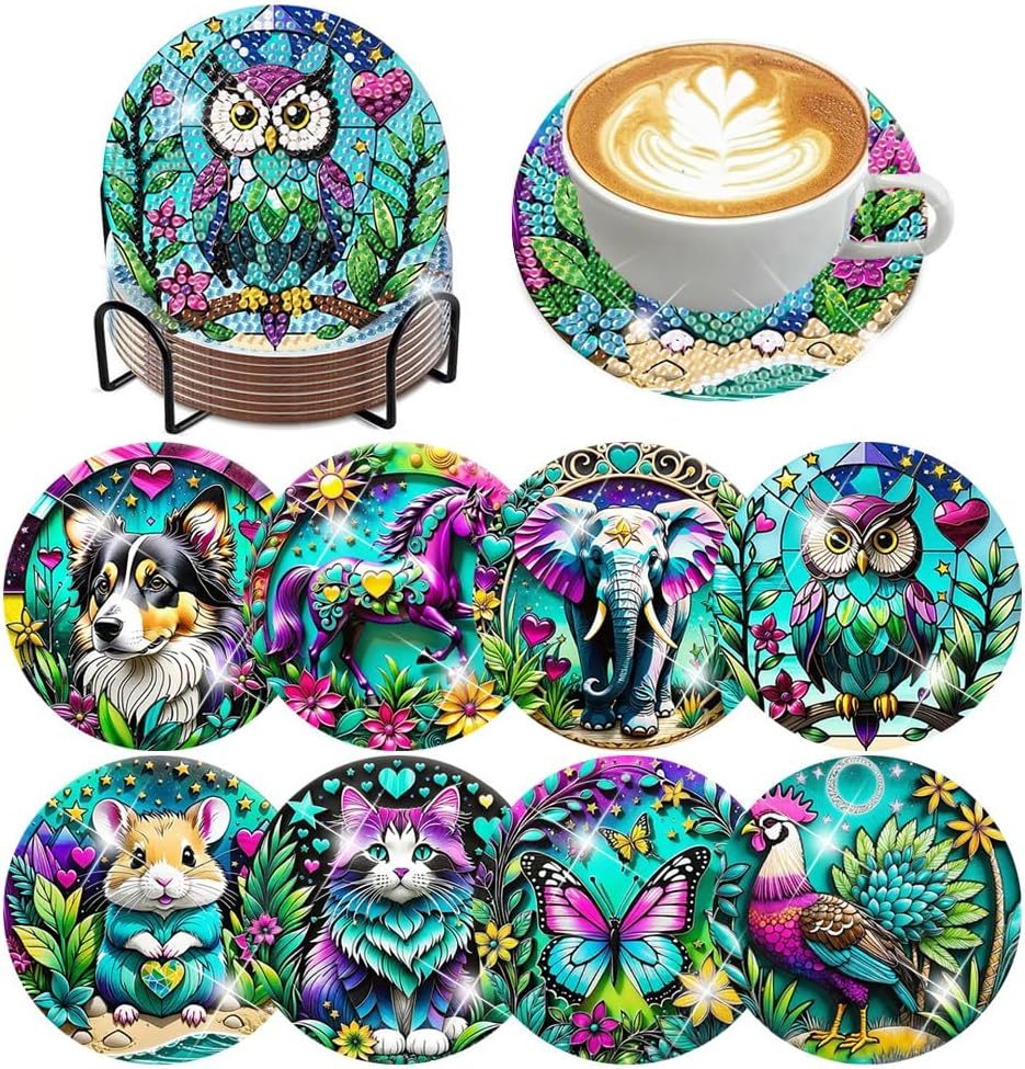 Ijbnhd 8 PCS Dragon DIY Diamond Painting Coasters Set with Holder, 5D Crafts Supplies (Cork Wooden Pad, Multicolored Red Green Gold)