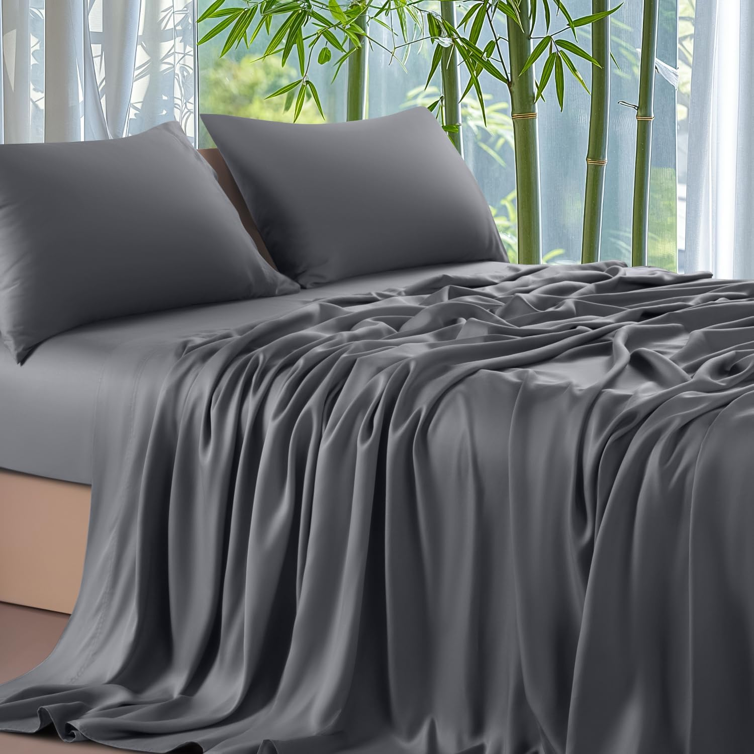 Shilucheng 100% Cooling Bamboo_ Sheets Set- Queen Size 1800 Thread Count Soft Bed Sheets,16 Inch Deep Pocket,Breathable,Comfortable and Pilling Resistant -4Pc(Queen,Dark Grey)