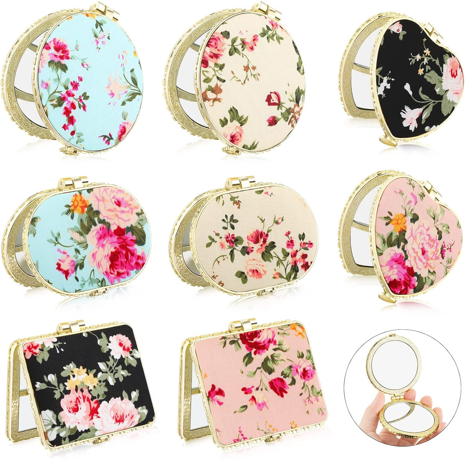 Blulu 8 Pieces Compact Mirror Bulk for Purse Flower Small Floral Retro Folding Portable Pocket Mirror for Women Girls Travel Gift(Gold Edge)